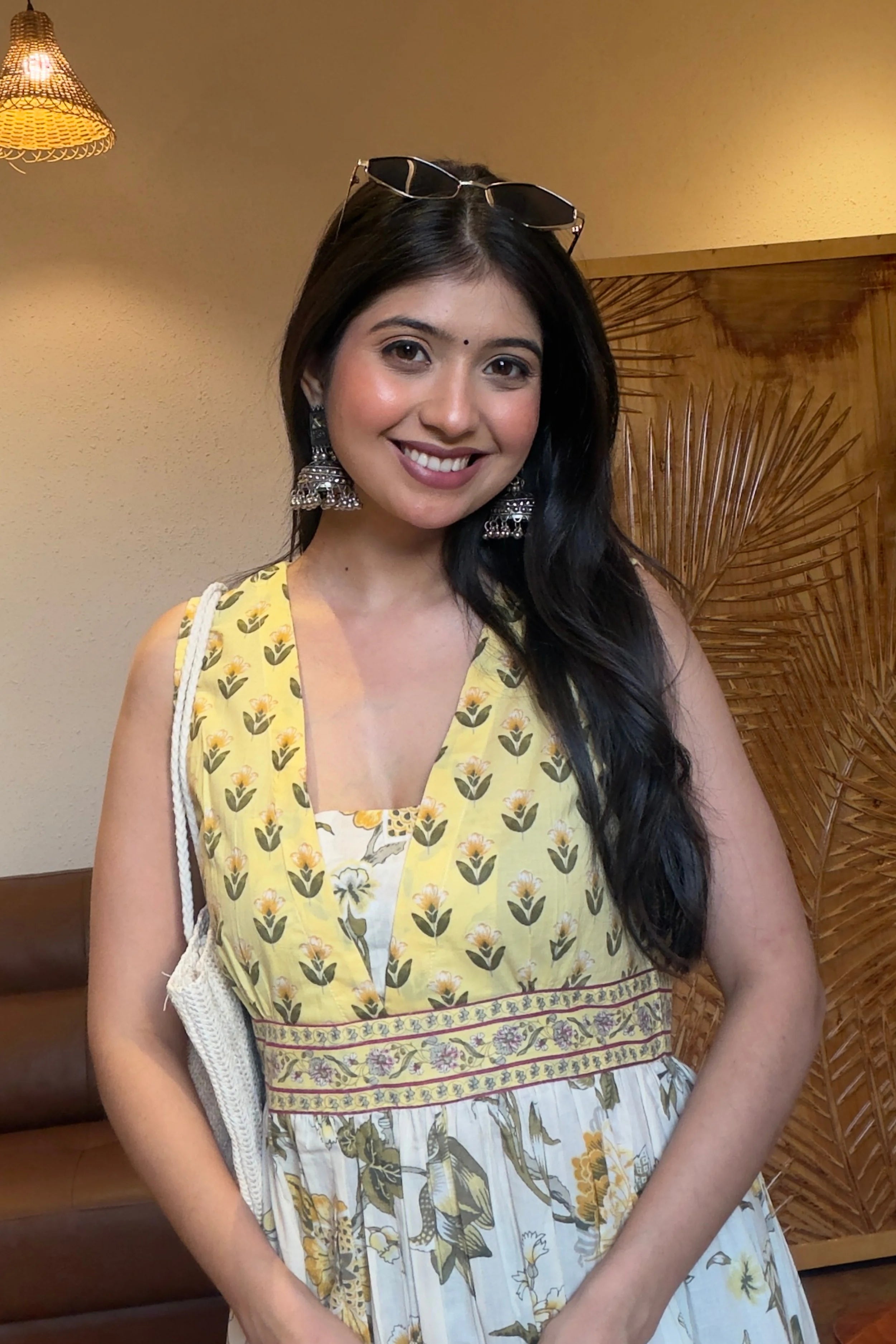 Light Yellow Floral Hand Printed Cotton Sleeveless Dress