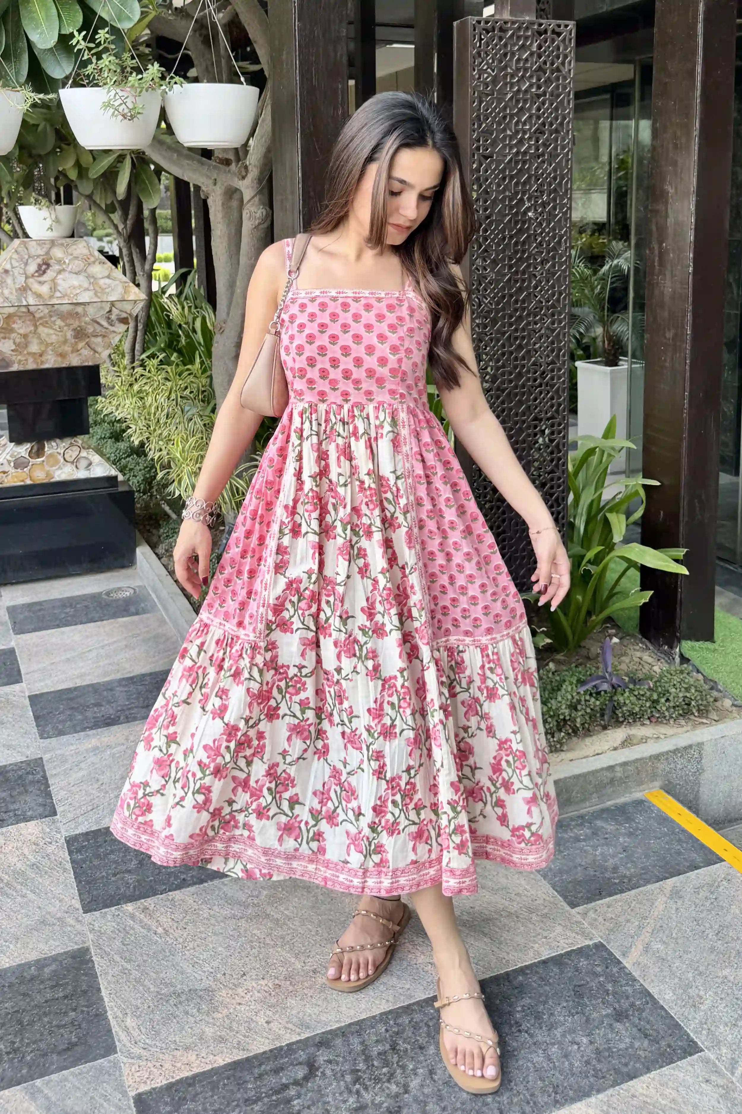Blush Pink Hand Block Floral Printed Sleeveless Tiered Midi Dress