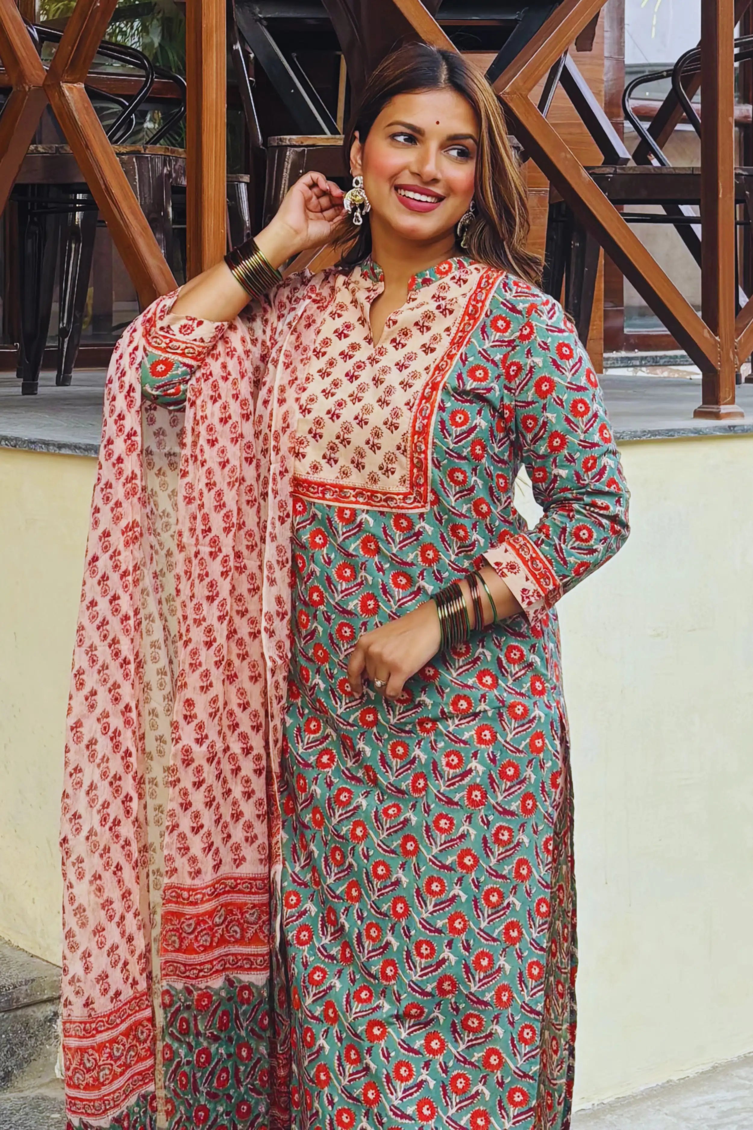Sage Green Hand Block Kurta Set with Chiffon Dupatta