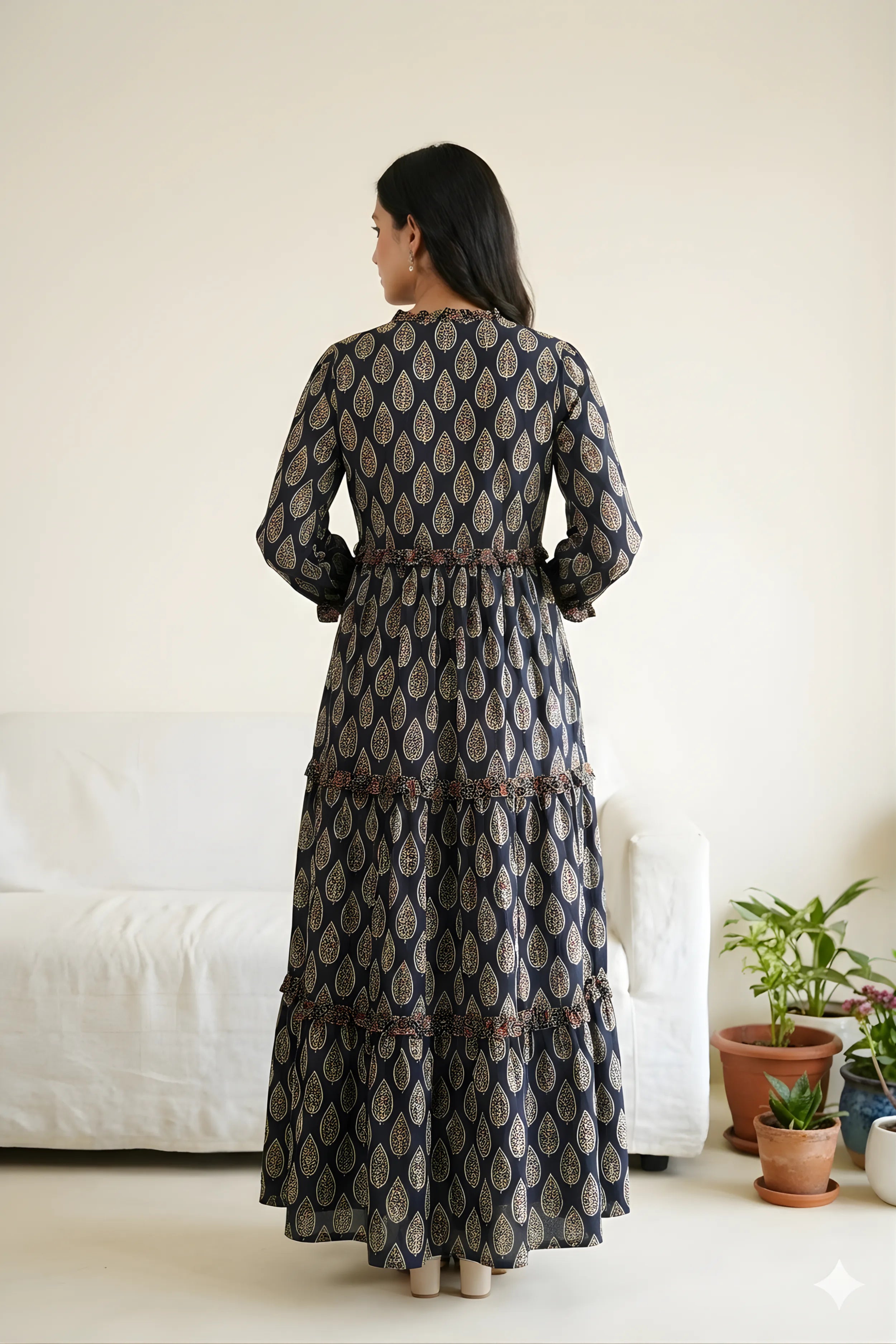 Black Hand Printed Tiered Maxi Dress
