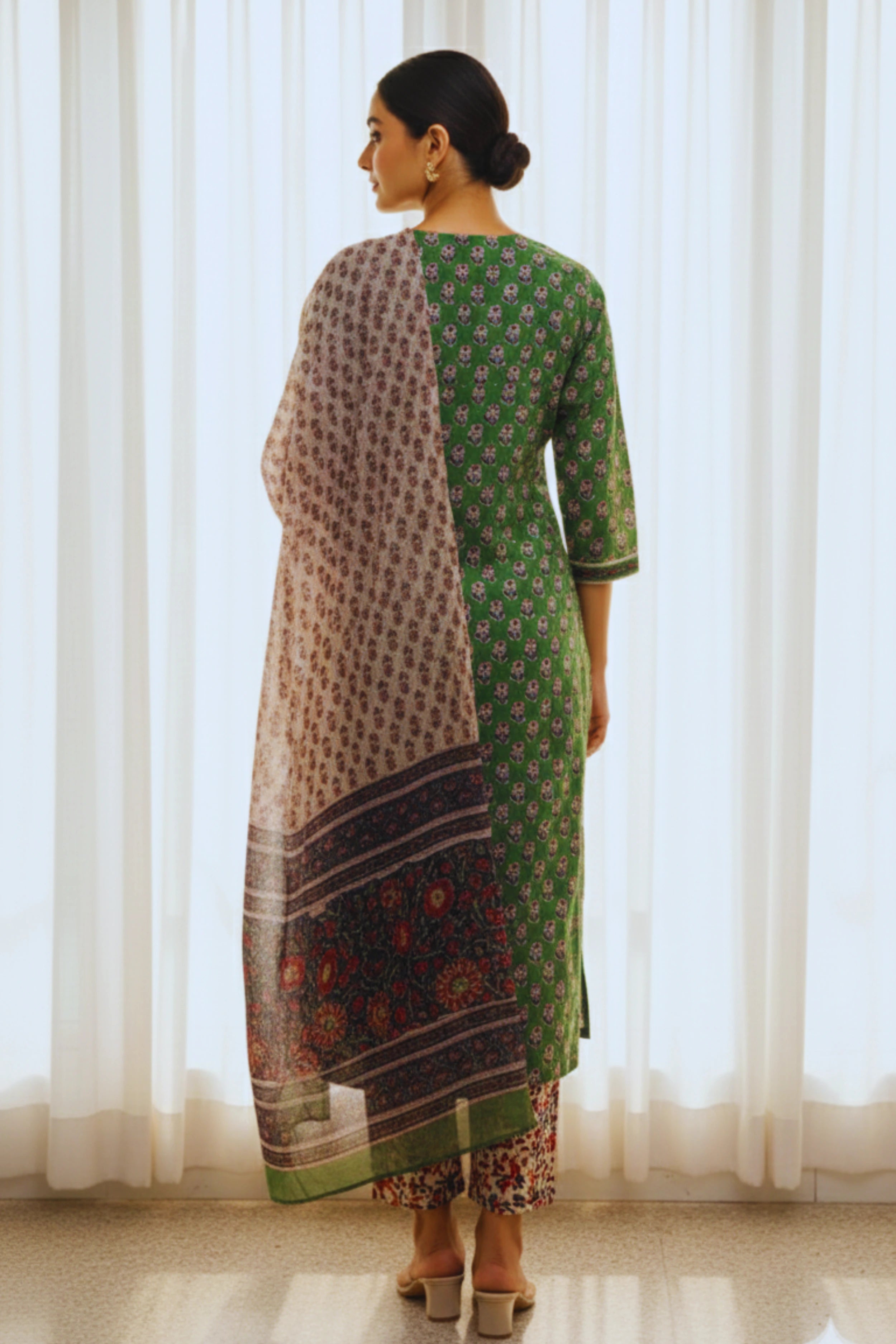 Green Hand Block Printed Straight cotton Kurta Set with Dupatta