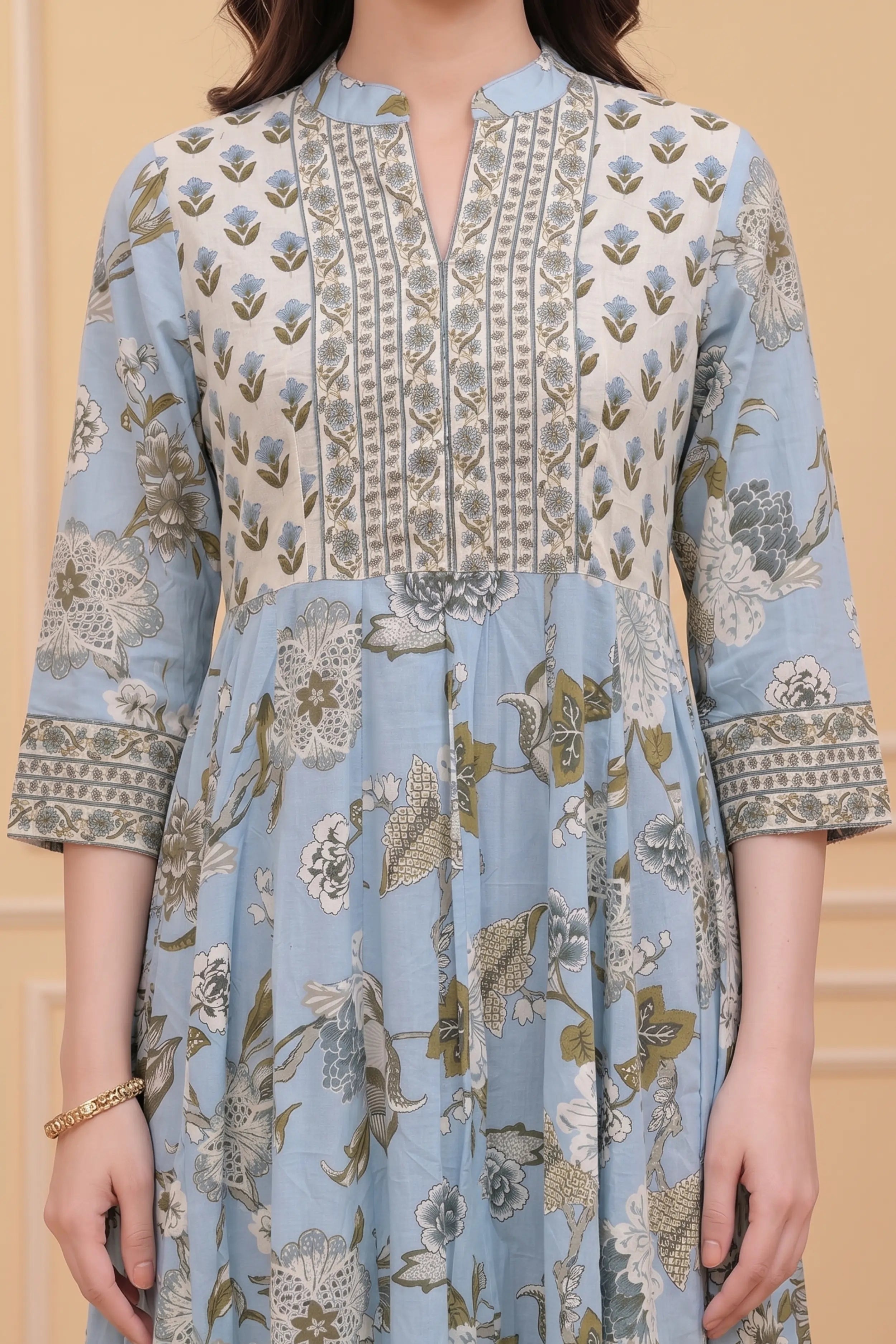 Sky Blue Floral Hand Printed Anarkali Maxi Dress