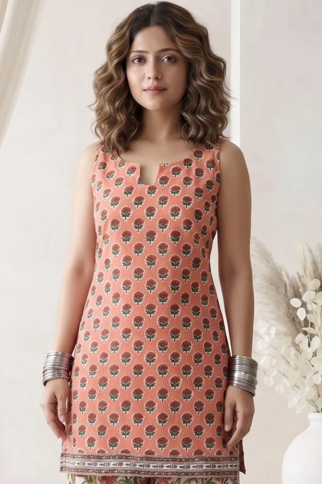 Orange Sleeveless Round Neck Kurti with Trouser