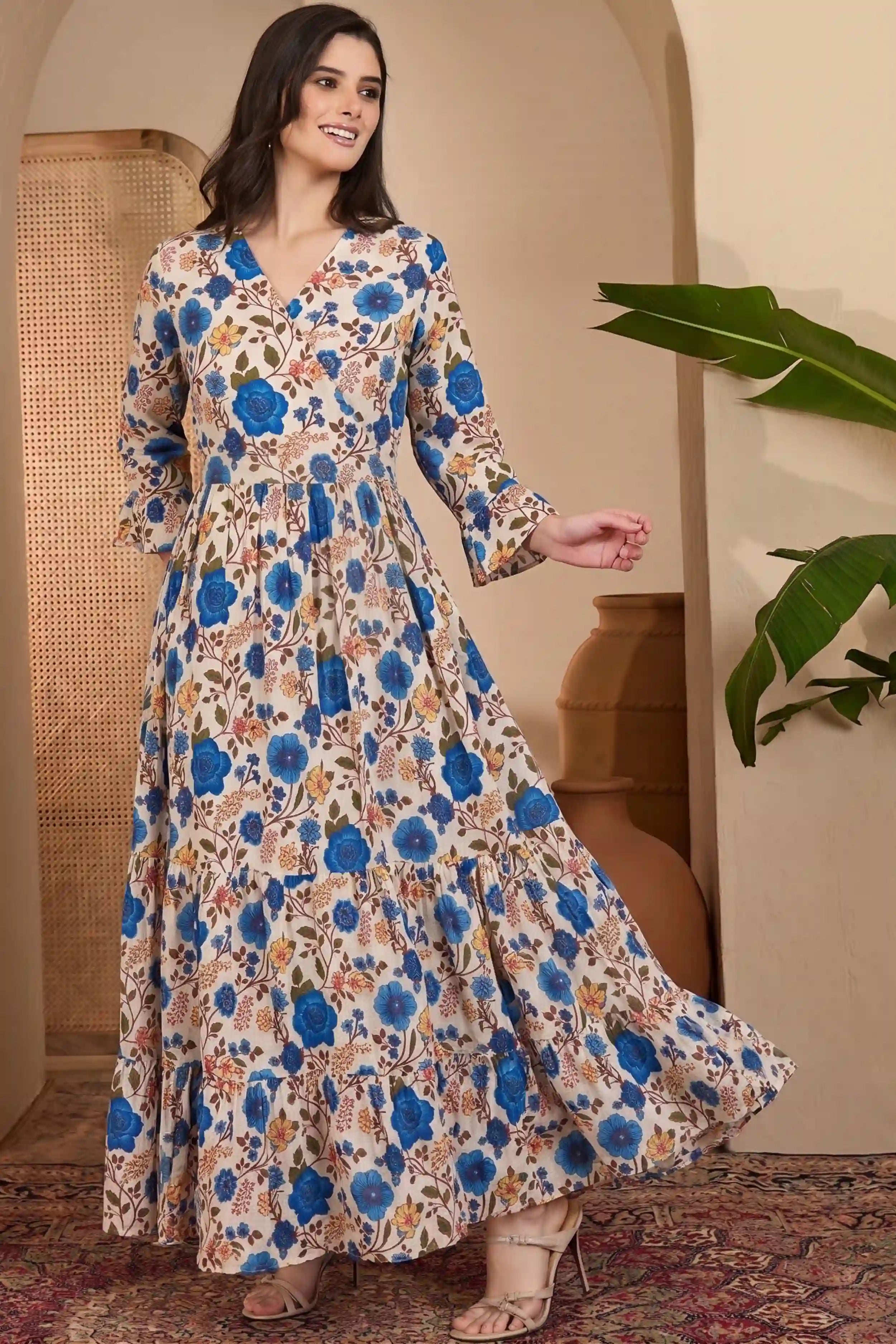 Blue Long Printed Tired Dress With Gather