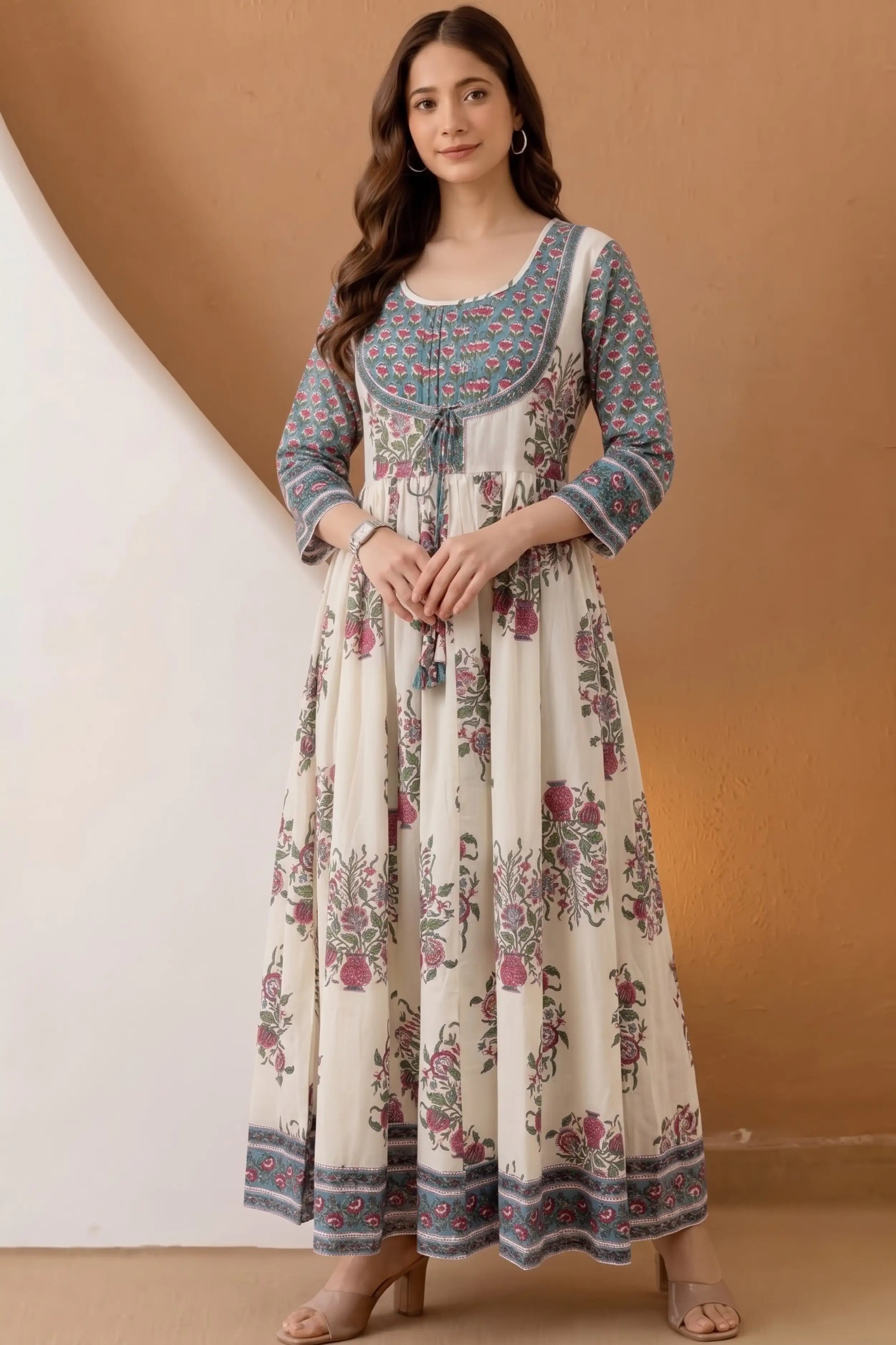 Dark Green Hand Block Floral Printed Anarkali Maxi Dress