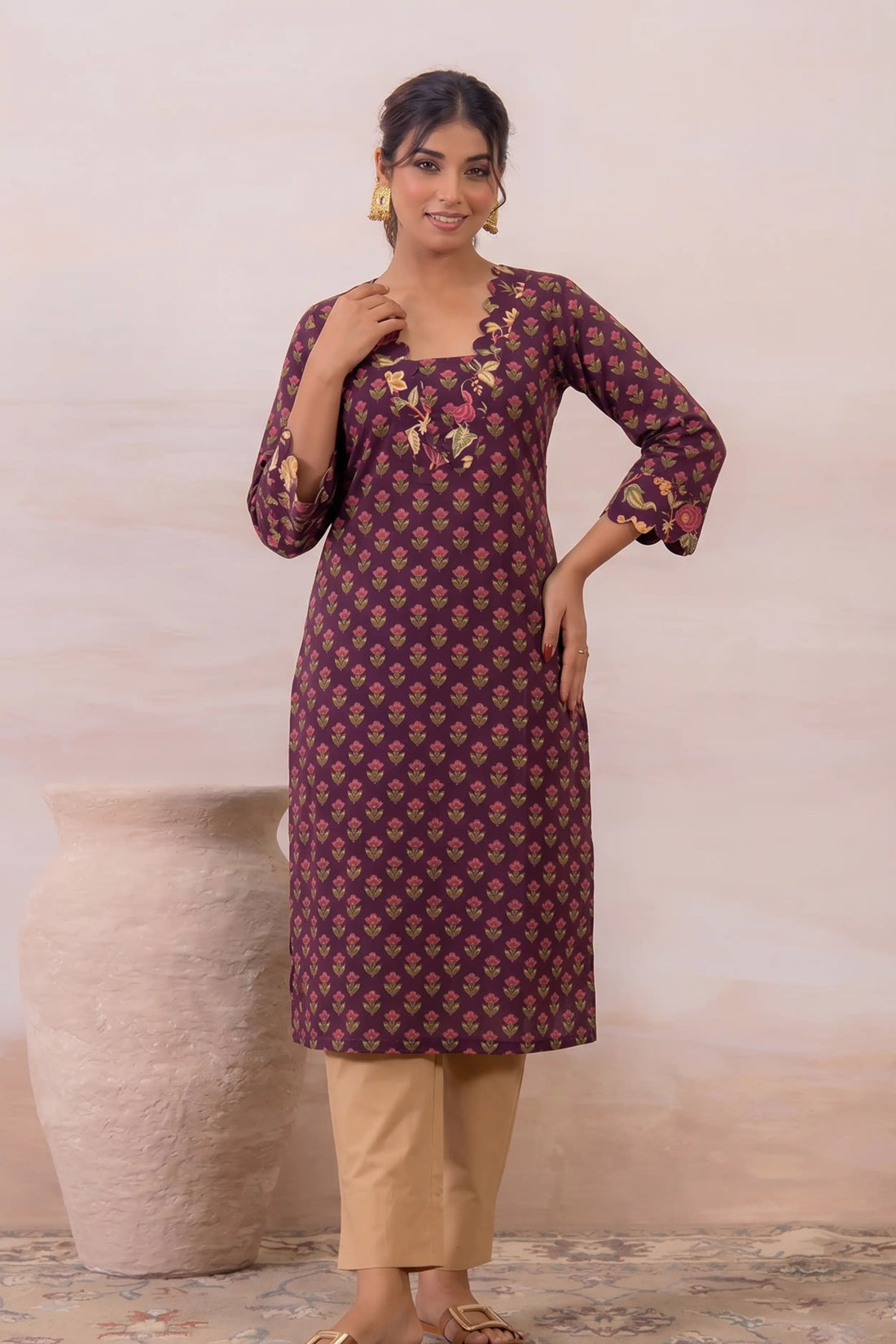 Burgundy Floral Printed Cotton Straight Kurta