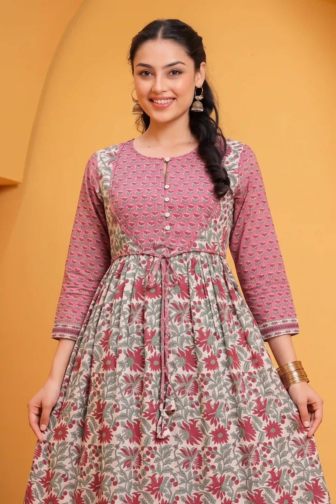 Red Round Neck Hand Block Printed Anarkali Maxi Dress