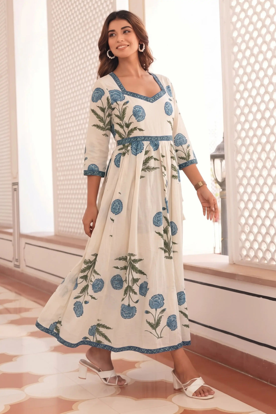 Blue Hand-Printed Anarkali Maxi Dress