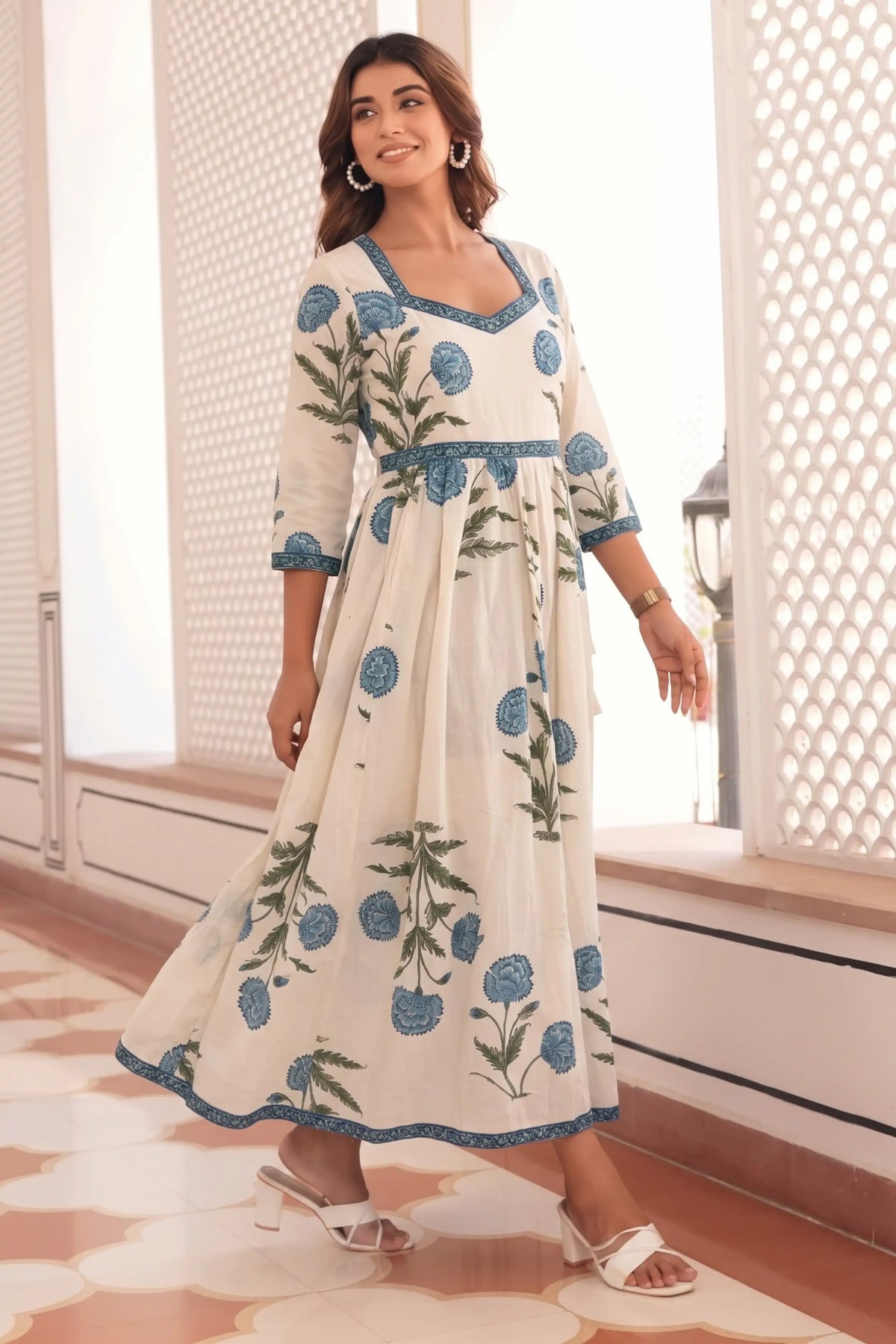 Blue Hand-Printed Anarkali Maxi Dress
