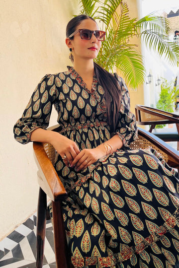 Black Hand Printed Tiered Maxi Dress