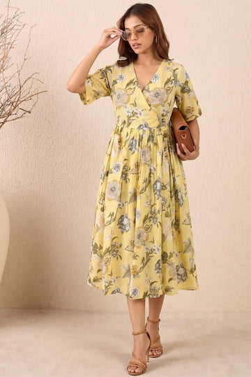 Yellow Hand Printed V-Neck Midi Dress In Angrakha style