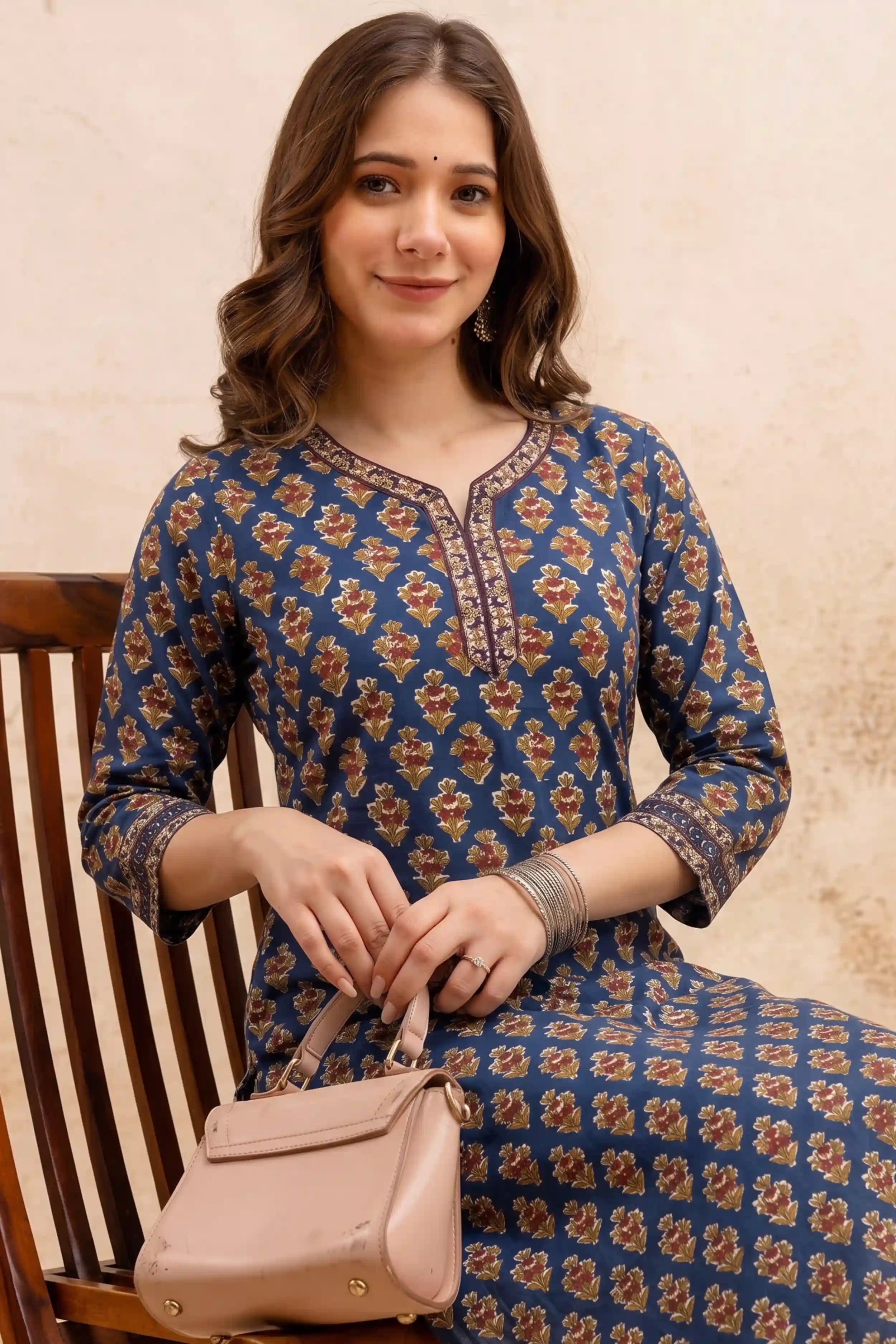 Navy Blue V-Neck Hand Printed Straight Kurta