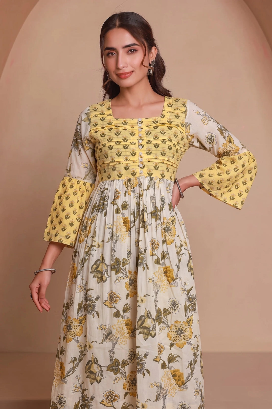Yellow Hand Printed Floral Midi Dress with Square Neck