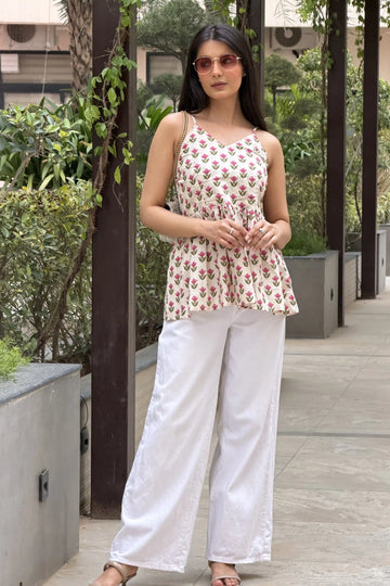 Pink Floral Hand Printed Cotton Spaghetti Top with Lining