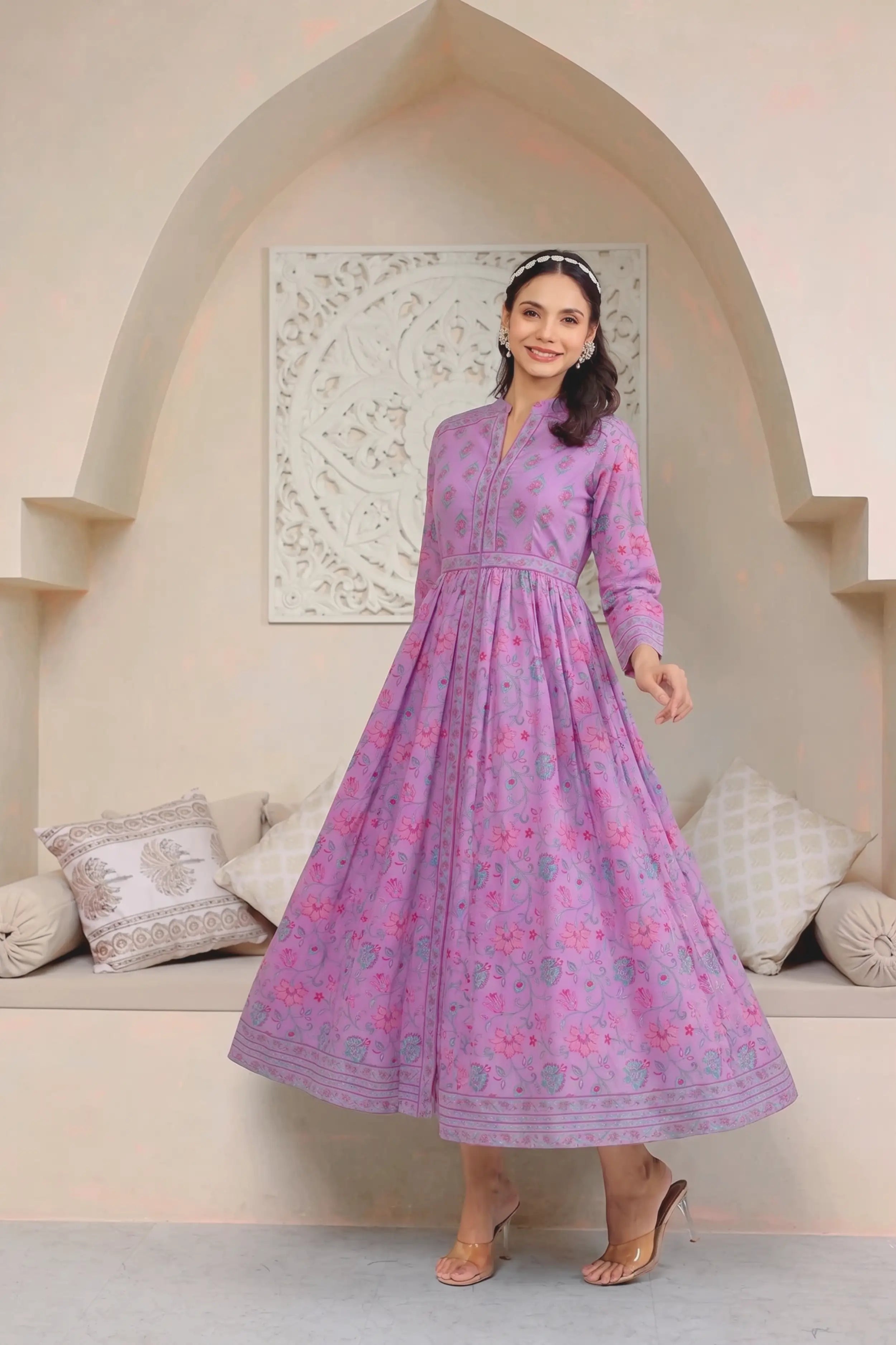 Purple Anarkali Cotton Hand Block Printed Ethnic Maxi Dress