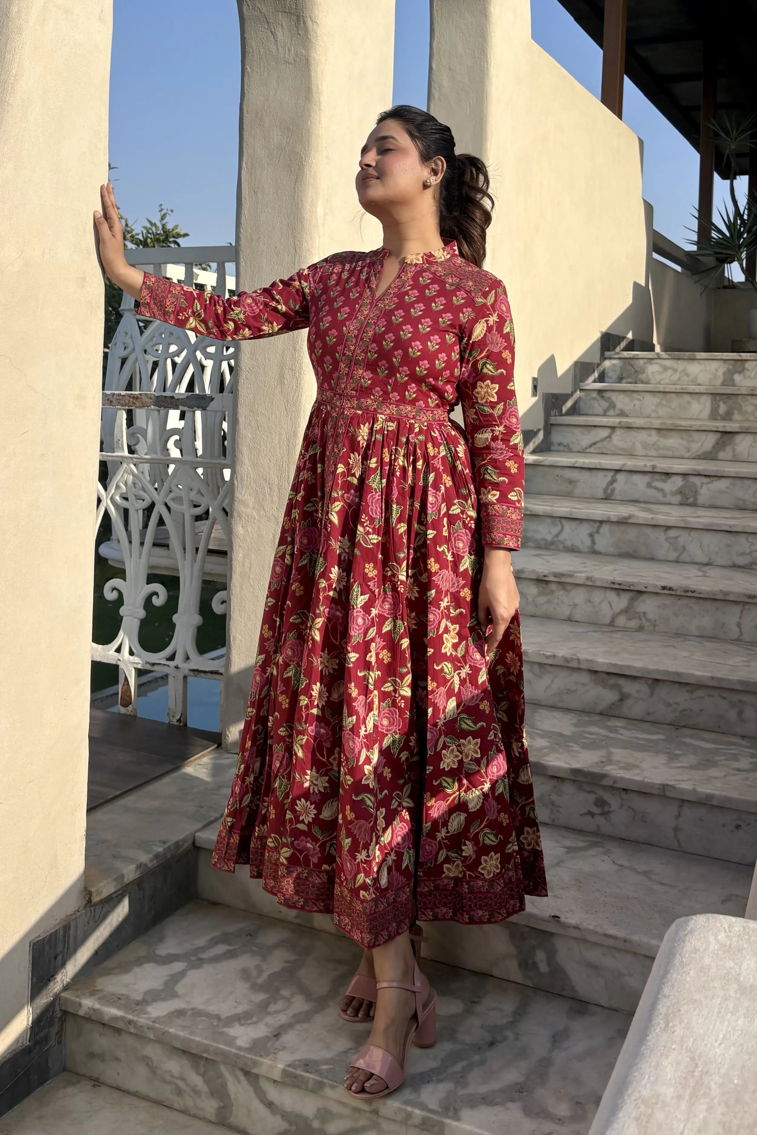 Wine Anarkali Cotton Hand Block Printed Ethnic Maxi Dress
