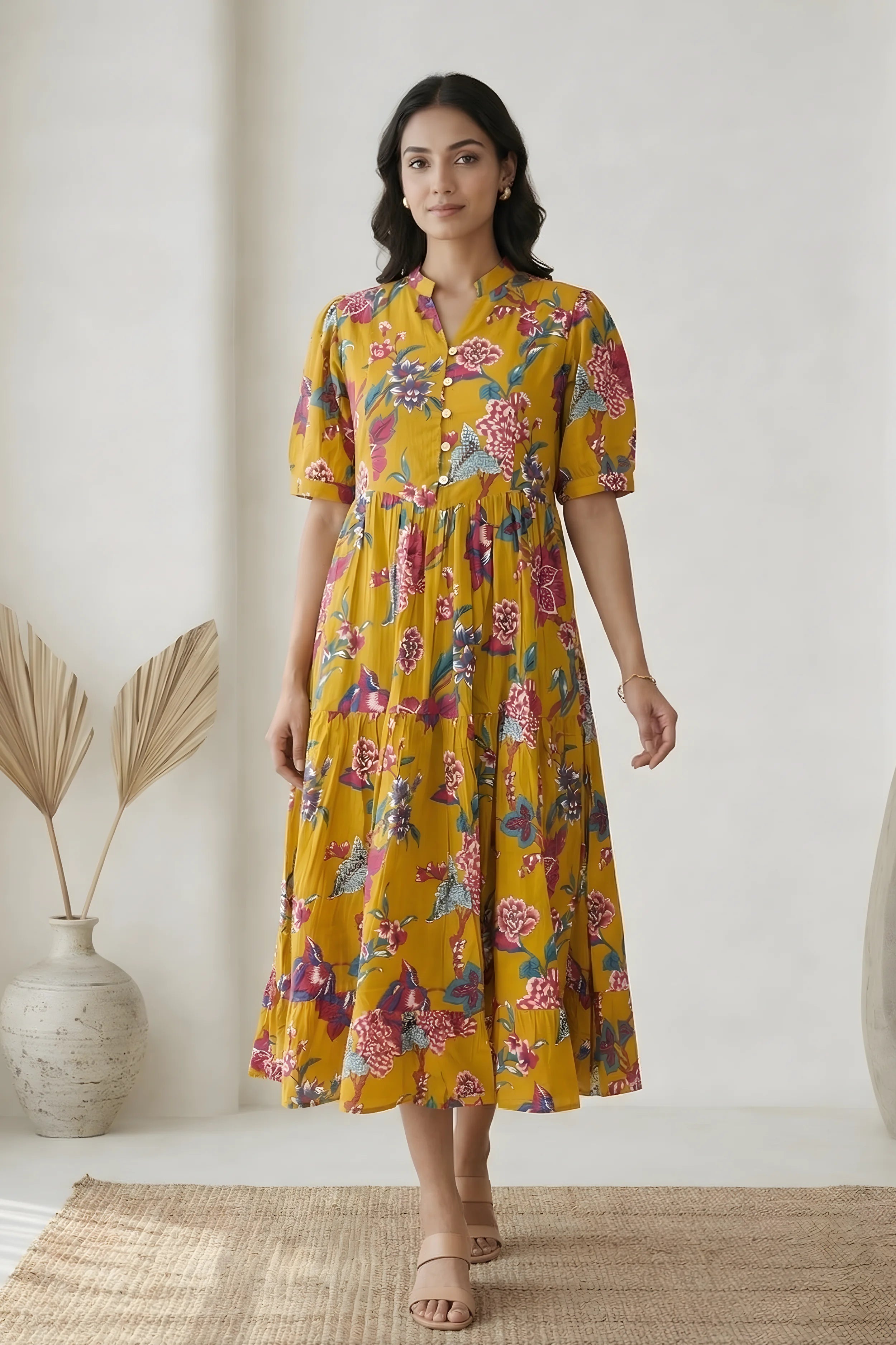 Mustard Floral Printed Tiered Fit & Flare Cinderella Dress