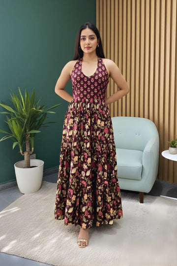Burgundy Floral Hand Printed Halter Maxi Dress