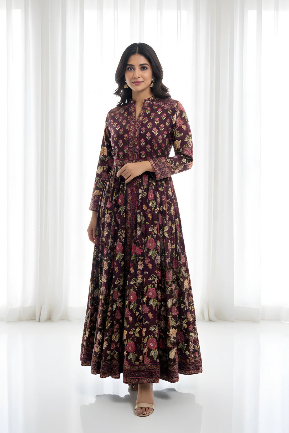 Burgundy Anarkali Cotton Hand Block Printed Ethnic Maxi Dress