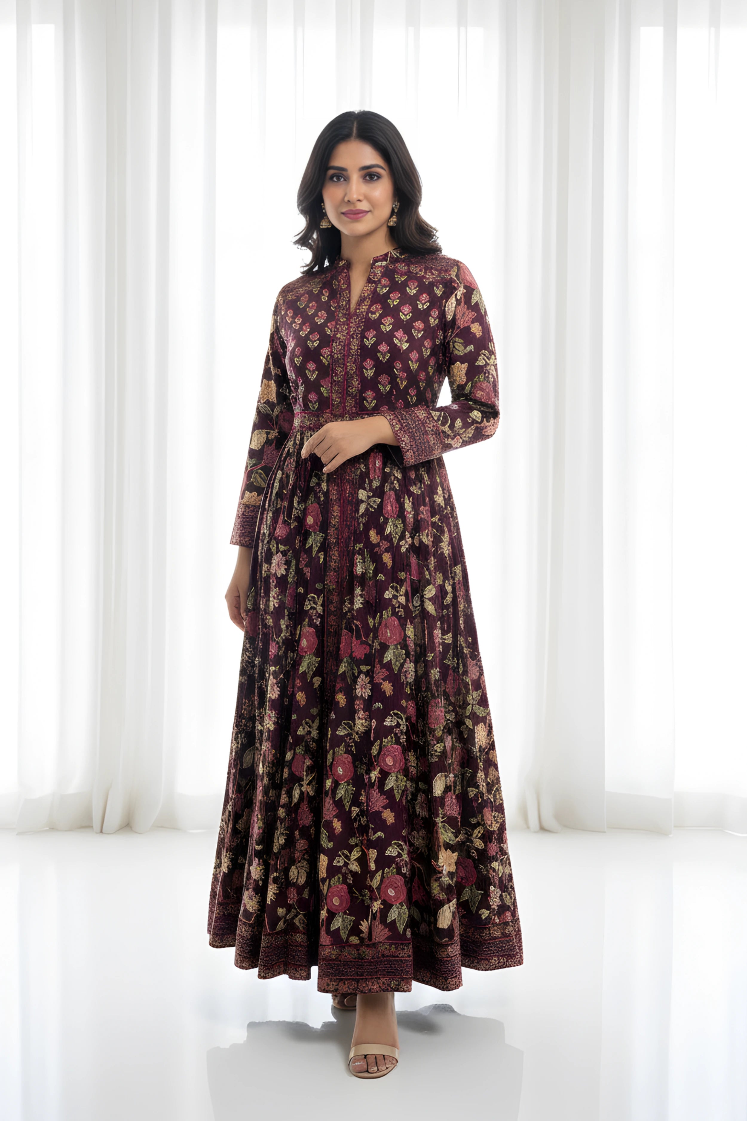 Burgundy Anarkali Cotton Hand Block Printed Ethnic Maxi Dress