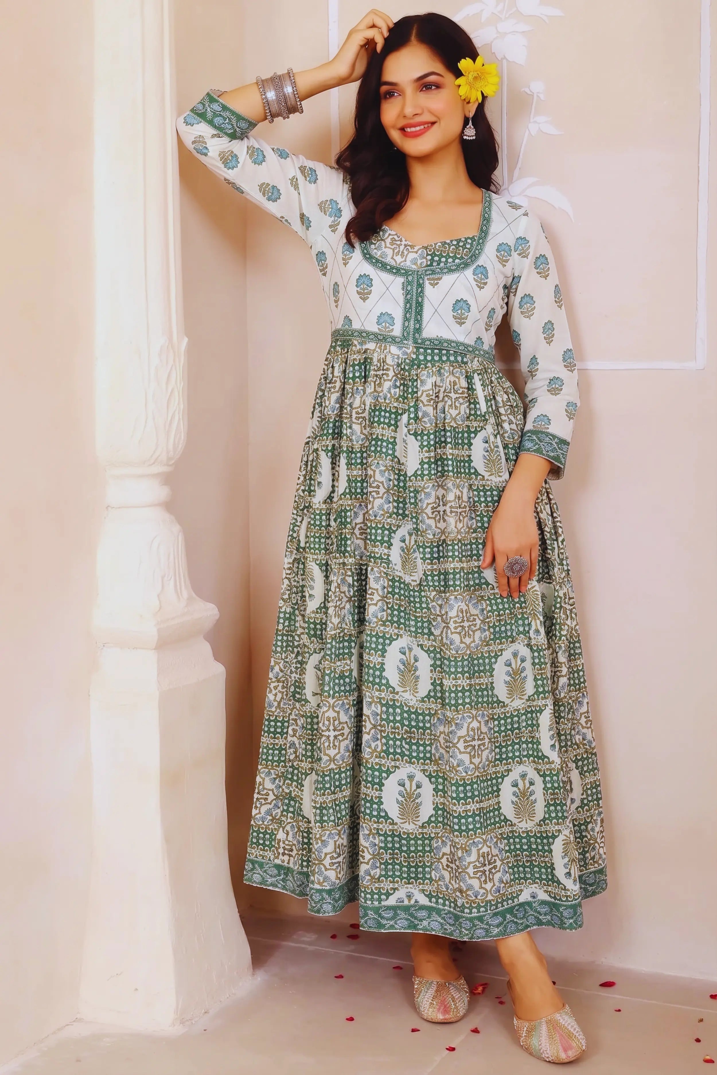 Light Green Hand Block Floral Printed Anarkali Maxi Kurta