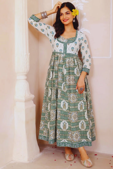 Light Green Hand Block Floral Printed Anarkali Maxi Kurta