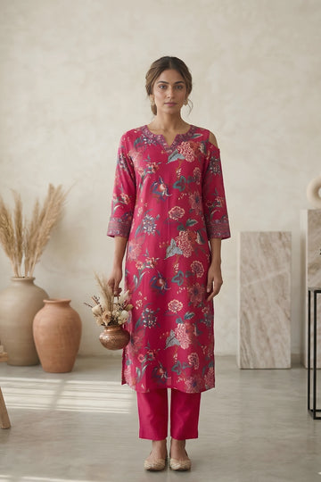 Pink Floral Hand Printed Corset Back Straight Kurta