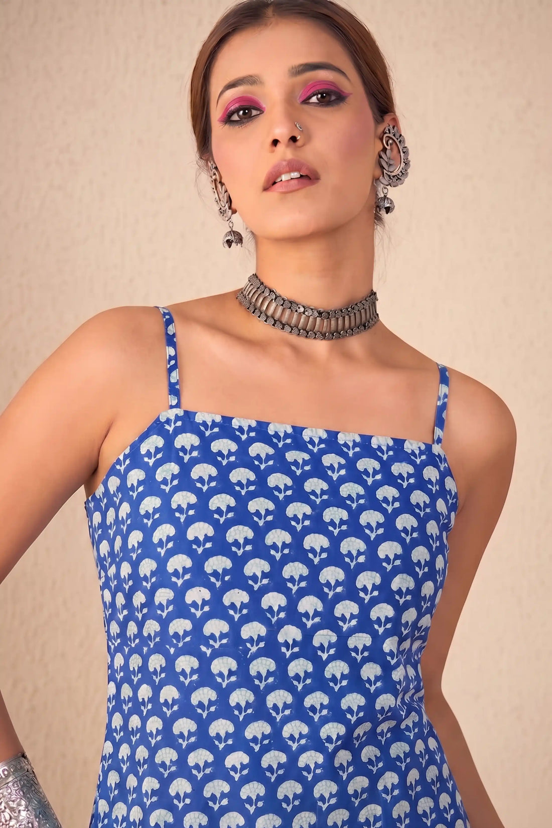 Royal Blue Hand Block Printed Cotton Tunic Top with Lace-Up Back
