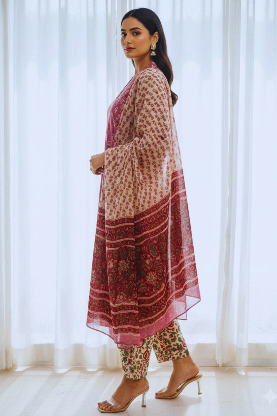 Rust Hand Block Printed Straight cotton Kurta Set with Chiffon Dupatta