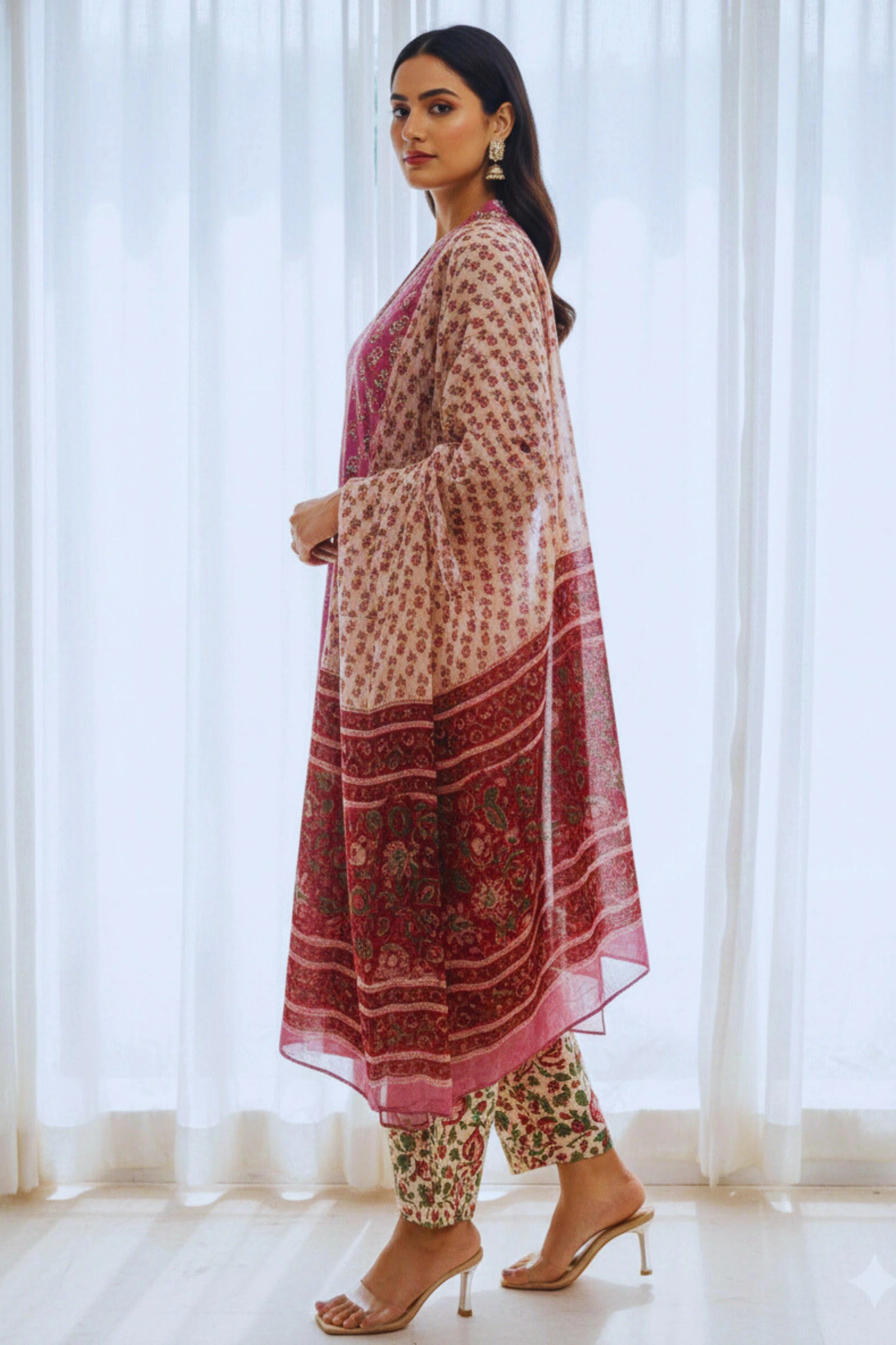 Rust Hand Block Printed Straight cotton Kurta Set with Chiffon Dupatta