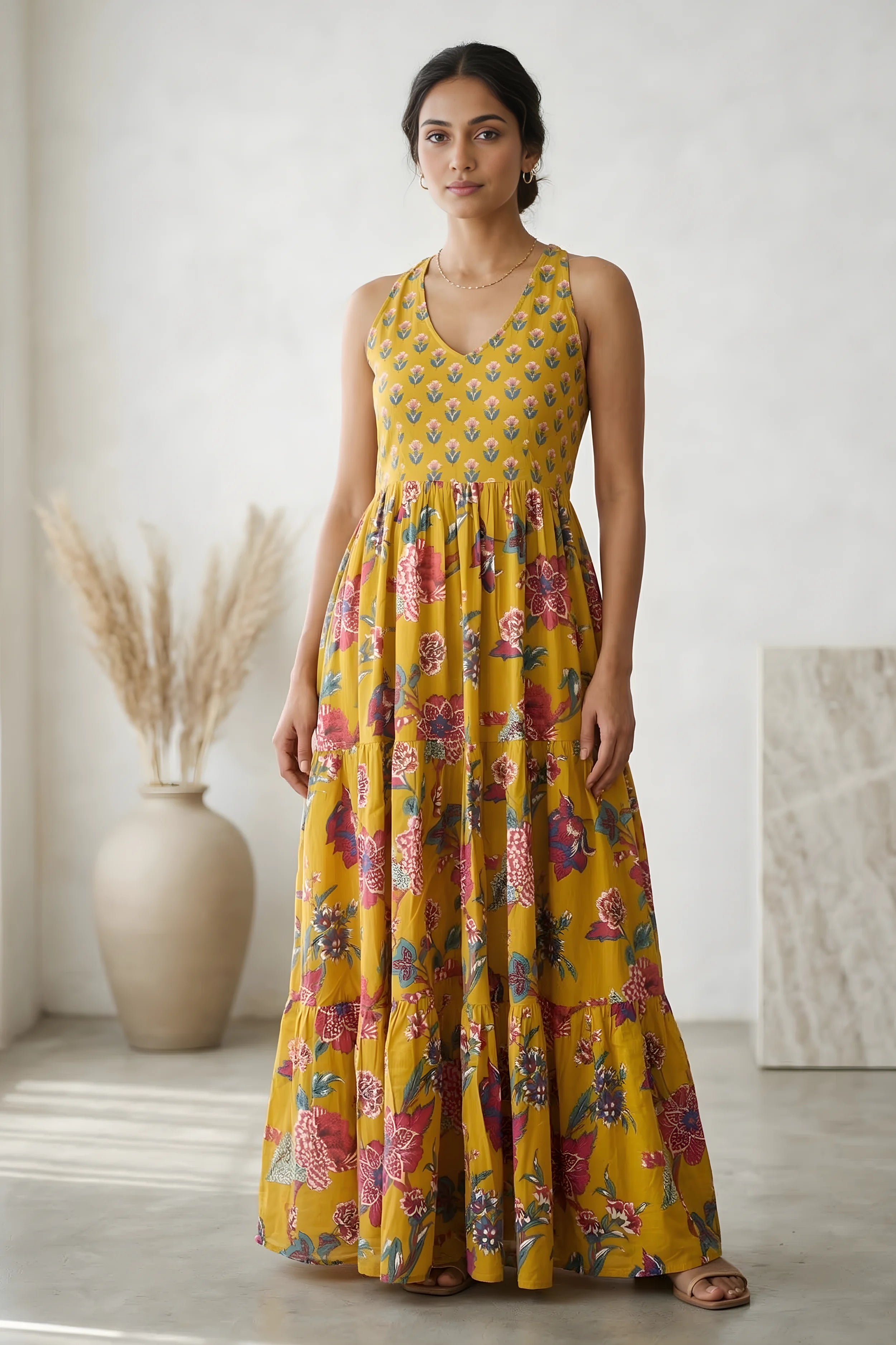 Mustard Floral Hand Printed Halter Maxi Dress