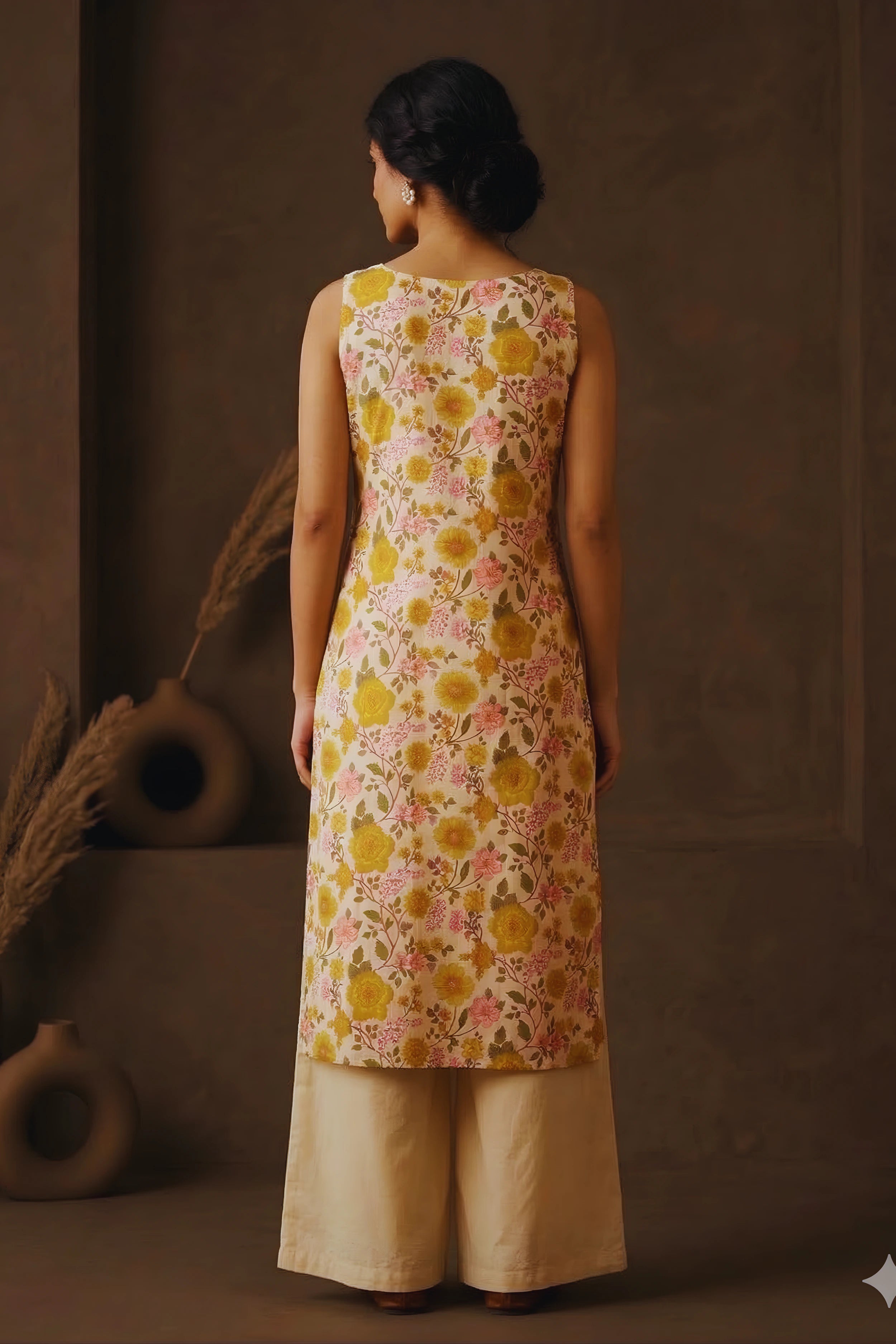 Yellow Hand Printed Sleeveless Straight Kurta