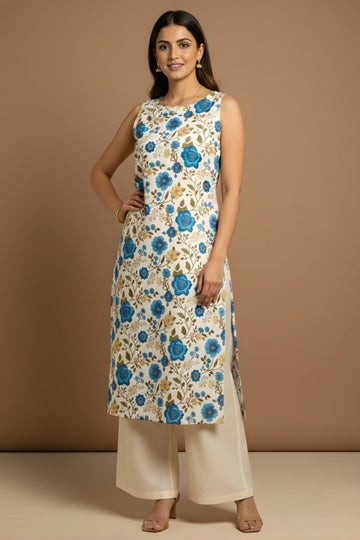 Blue Hand Printed Sleeveless Straight Kurta