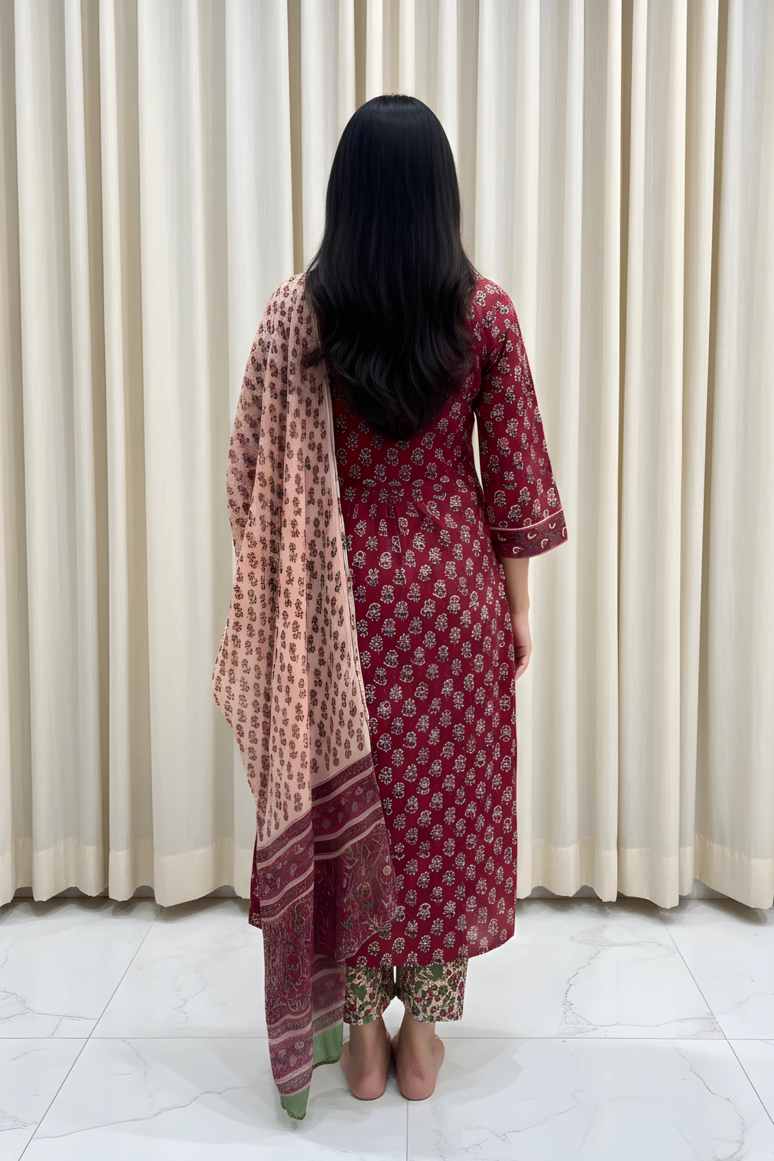 Maroon Hand Block Printed Straight Kurta Set with Dupatta