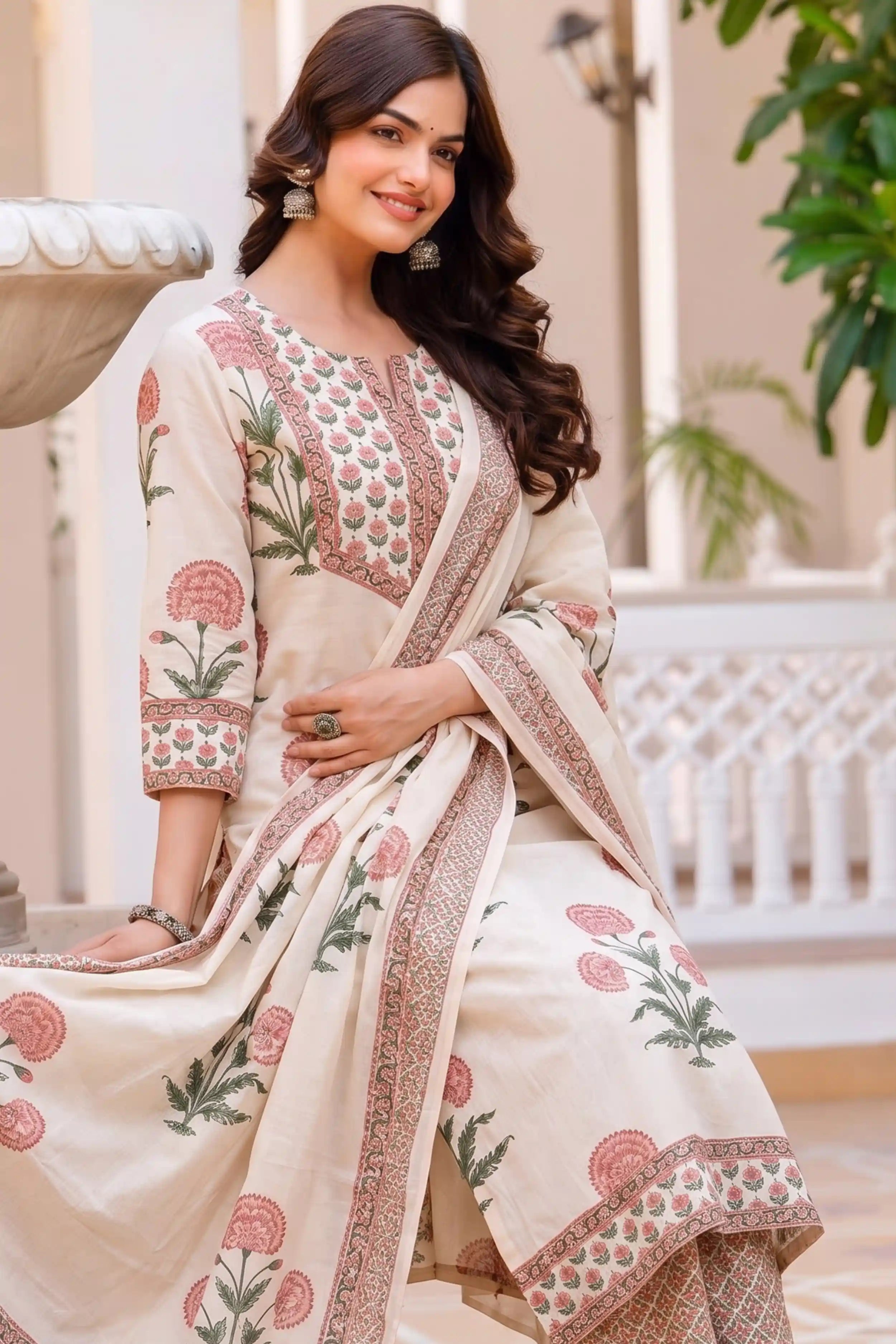 Peach Straight Kurta Set with Cotton Dupatta