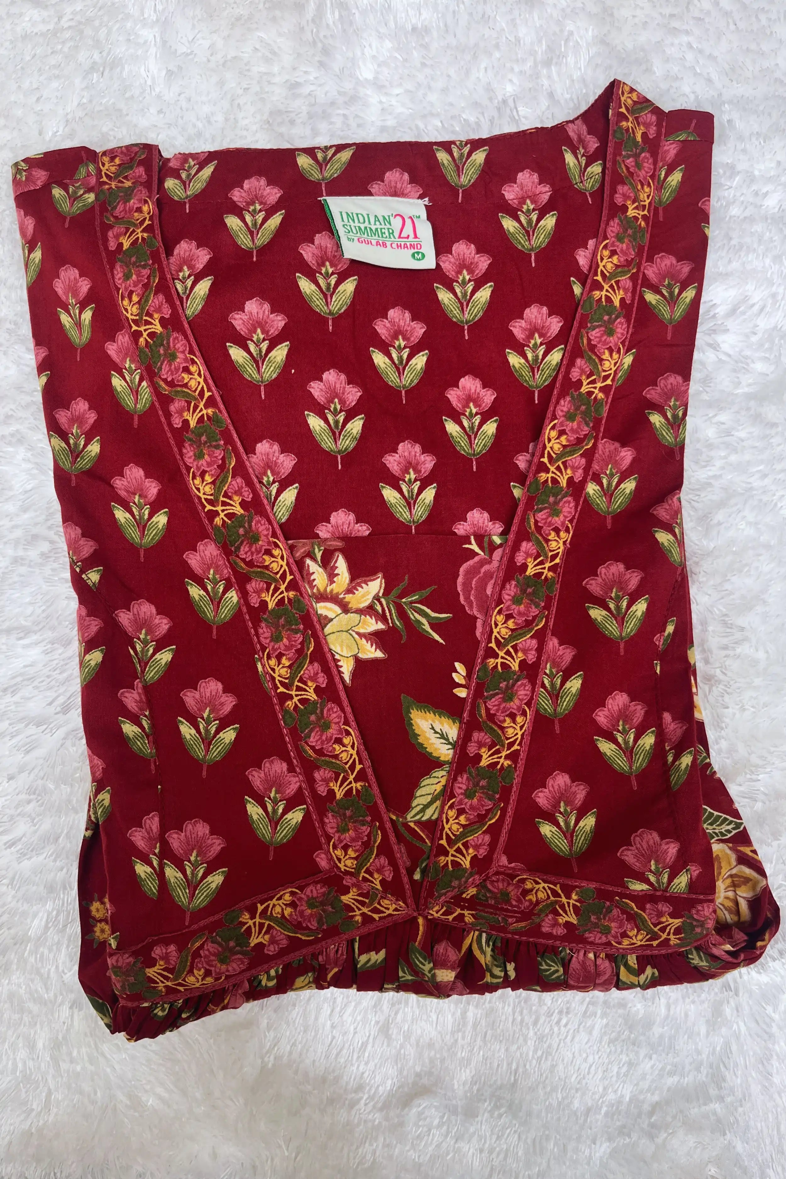 Wine Flared Anarkali Cotton Kurta with Floral Print
