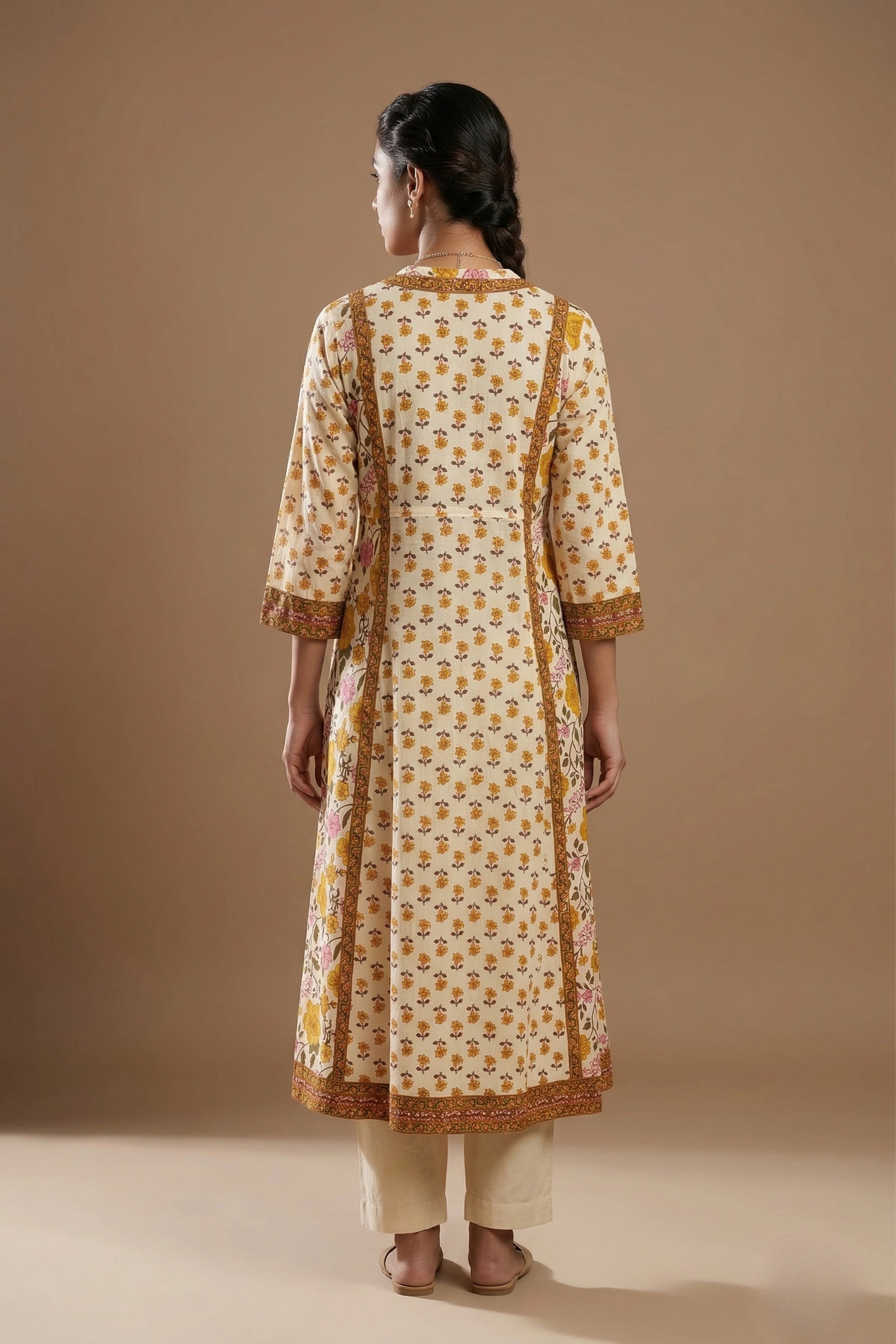 Yellow Hand Printed A-line Kurta