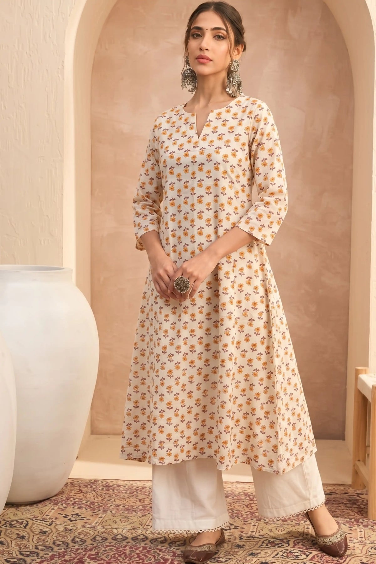 Cream Yellow A line kurta With Pocket