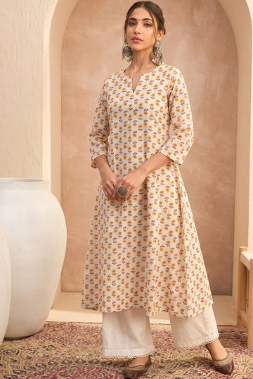 Cream Yellow A line kurta With Pocket