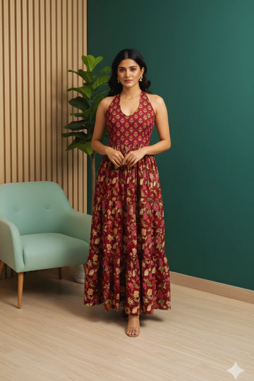 Wine Floral Hand Printed Halter Maxi Dress