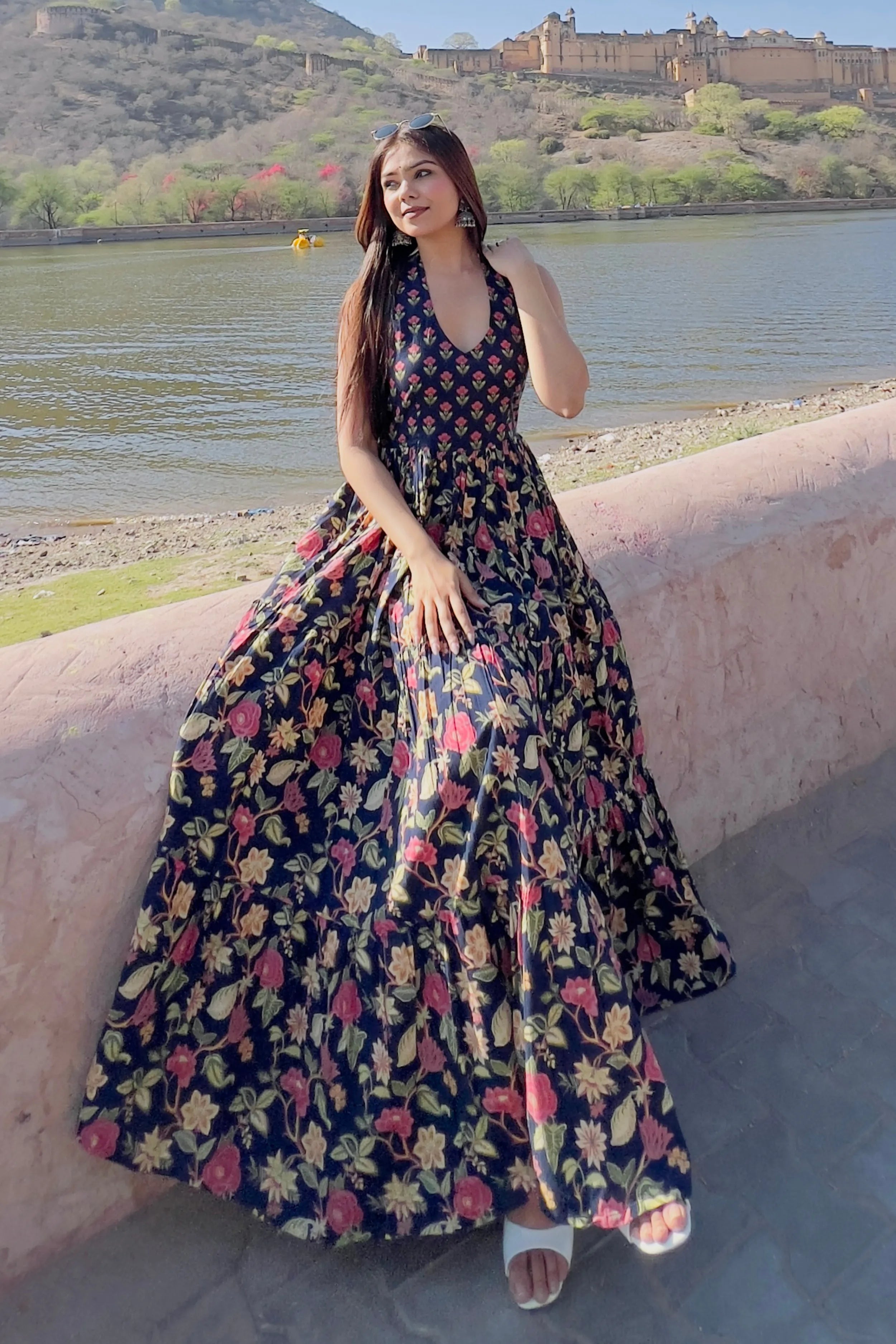 Blue Floral Hand Printed Halter Maxi Dress