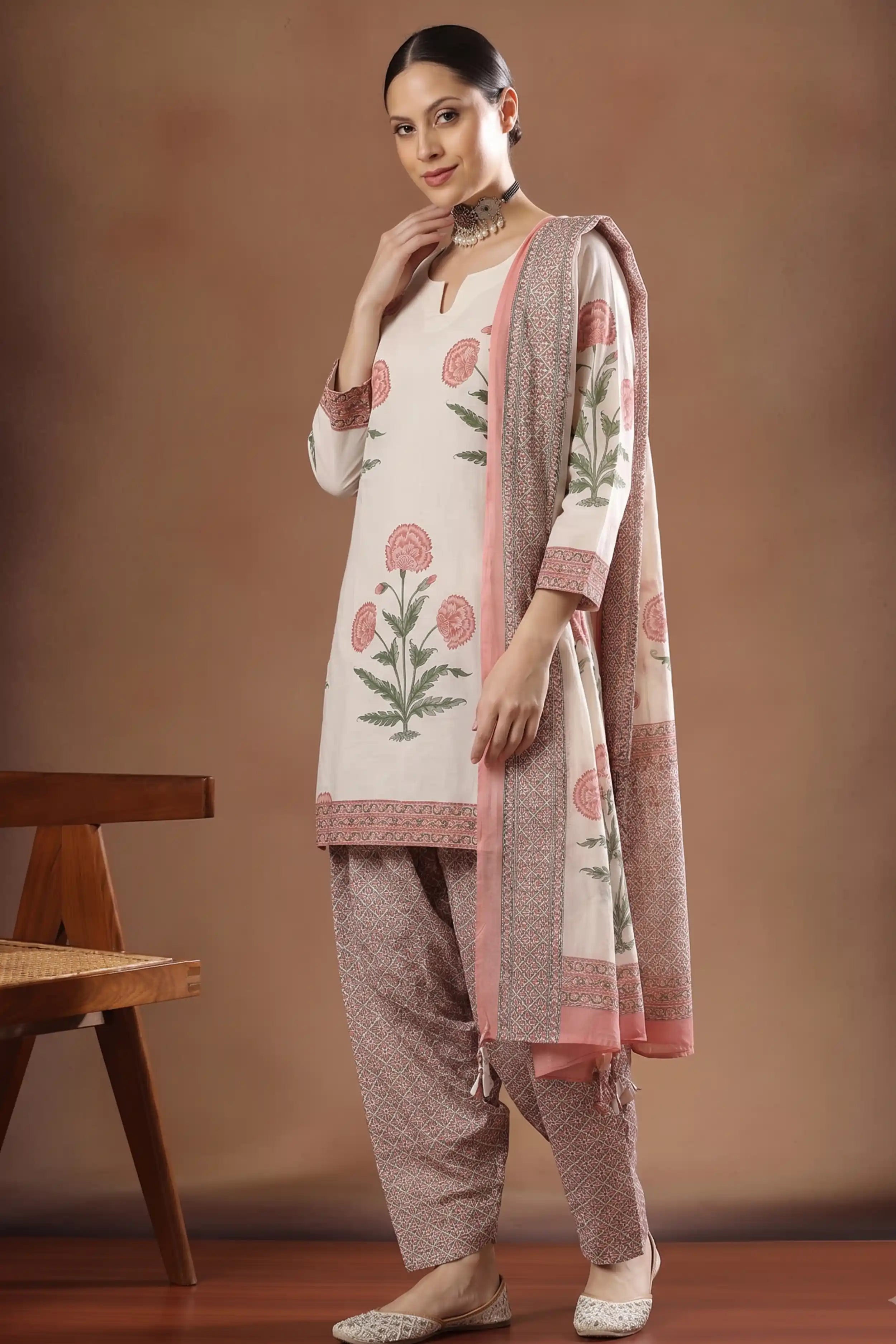 Peach Blue Floral Print Pure Cotton Farsi Salwar Set With Cotton Dupatta