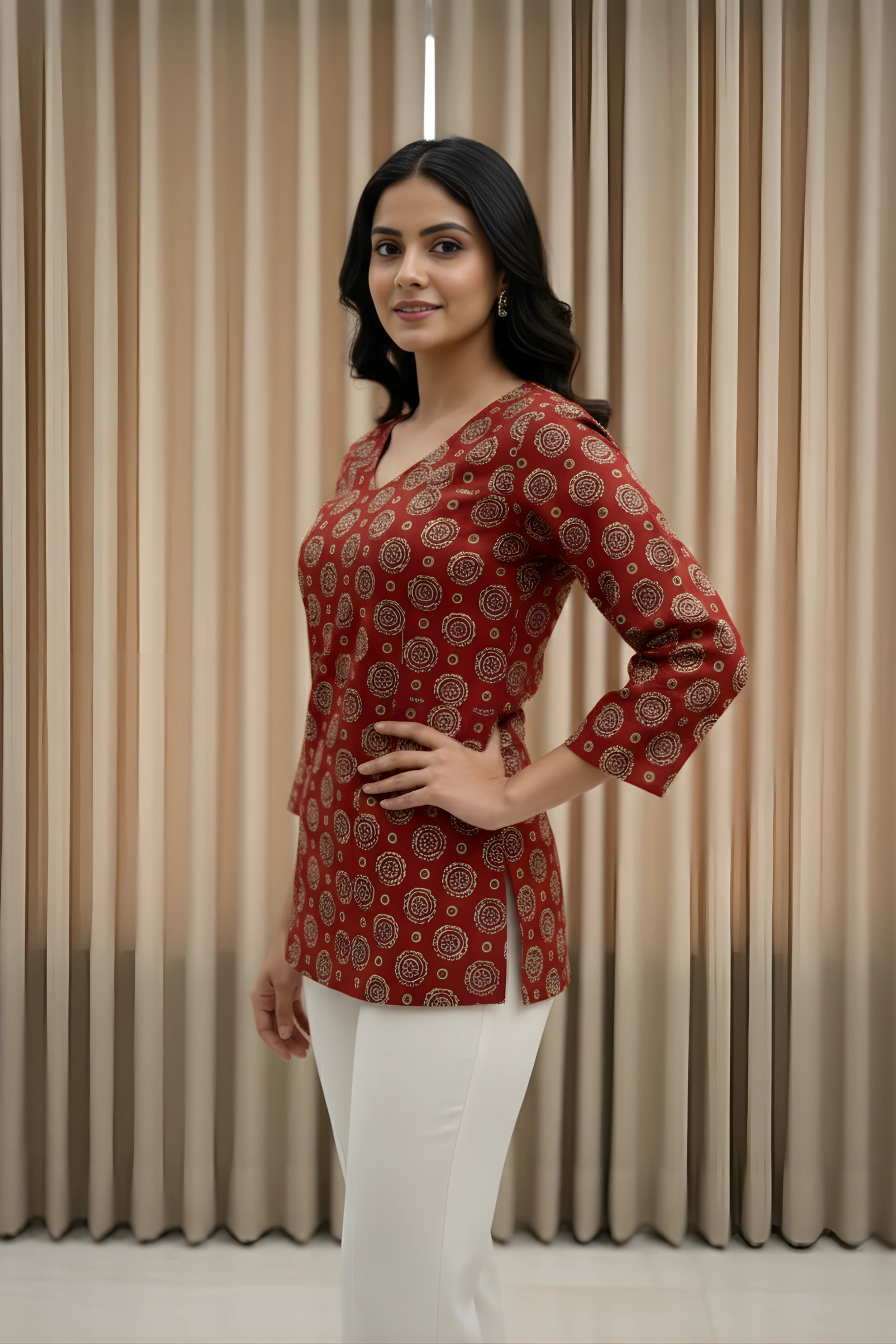 Red Hand Printed Short Kurti