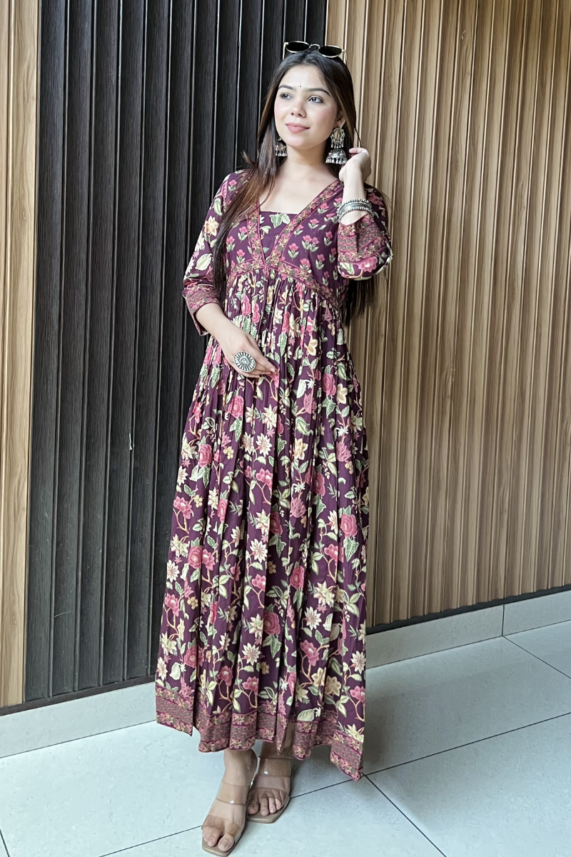 Burgundy Flared Anarkali Cotton Kurta with Floral Print