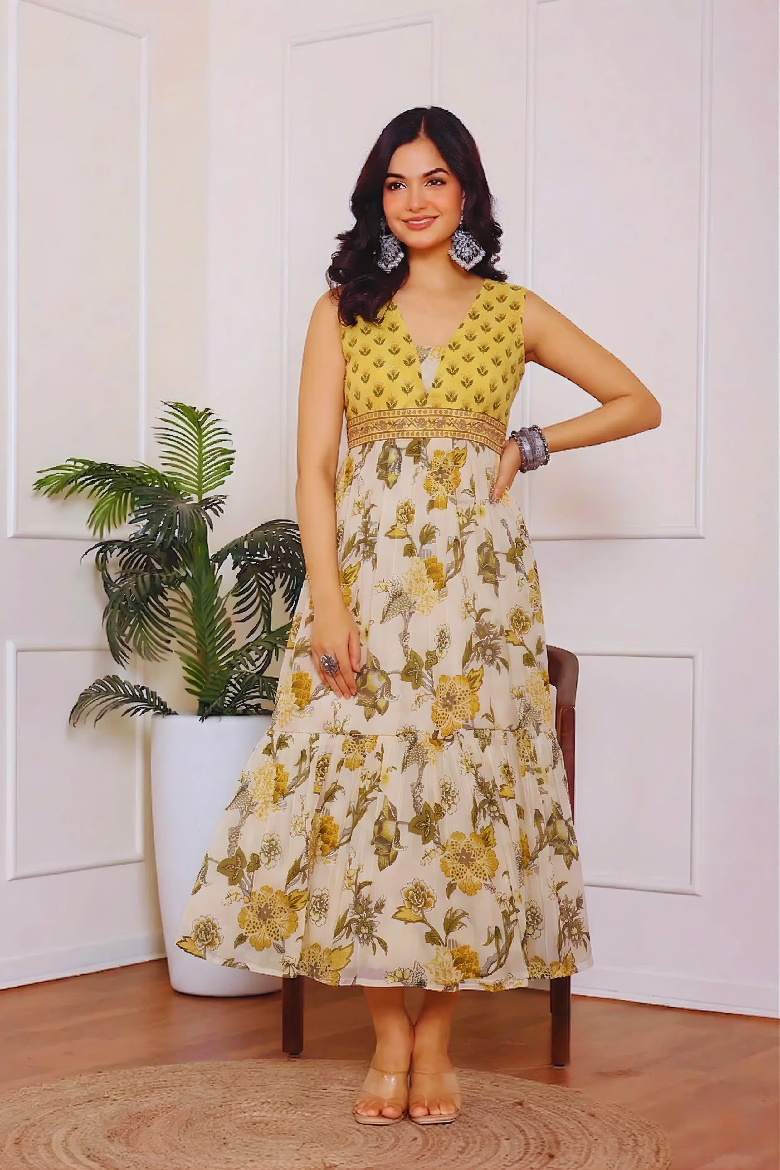 Light Yellow Floral Hand Printed Cotton Sleeveless Dress