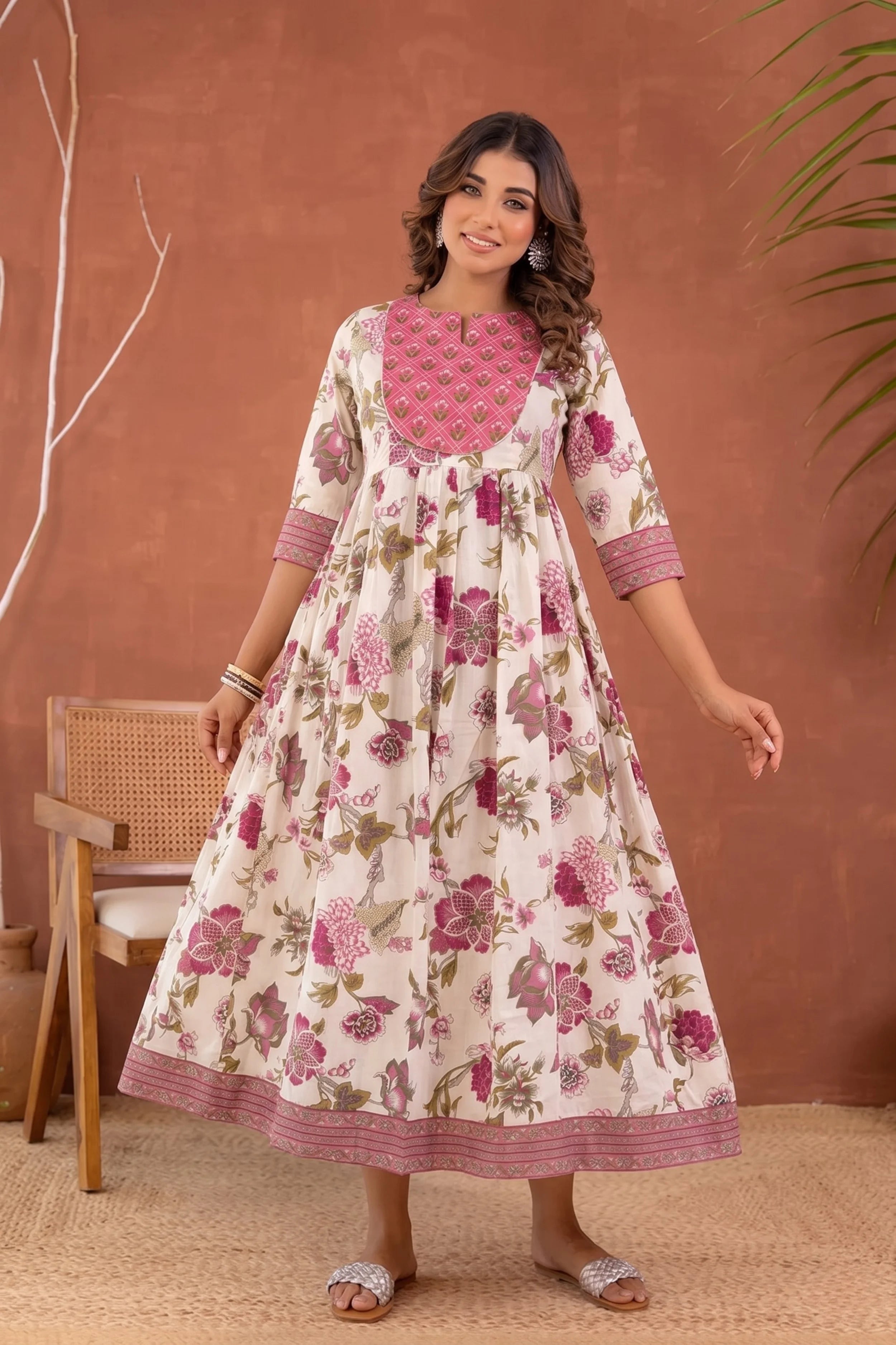 Pink Hand Printed Anarkali Kurta