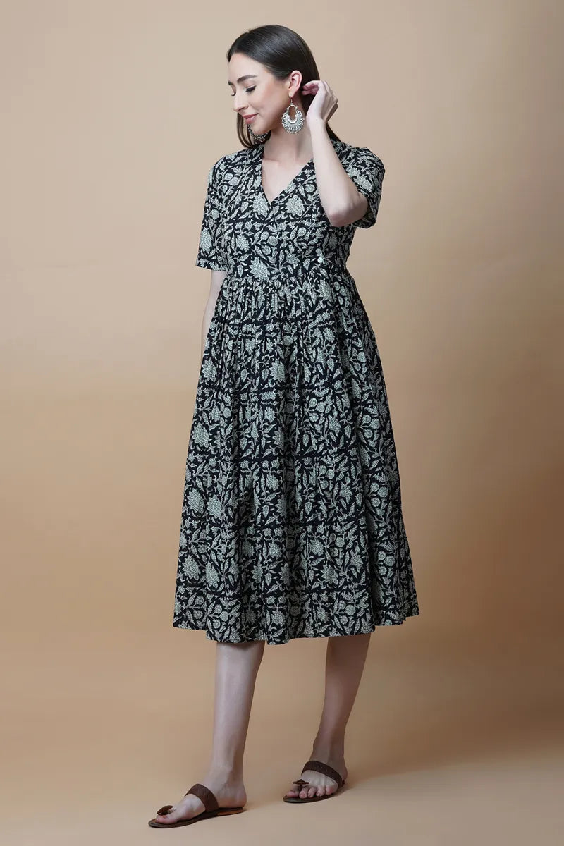 Black Hand Block Printed V-Neck Dress In Angrakha style