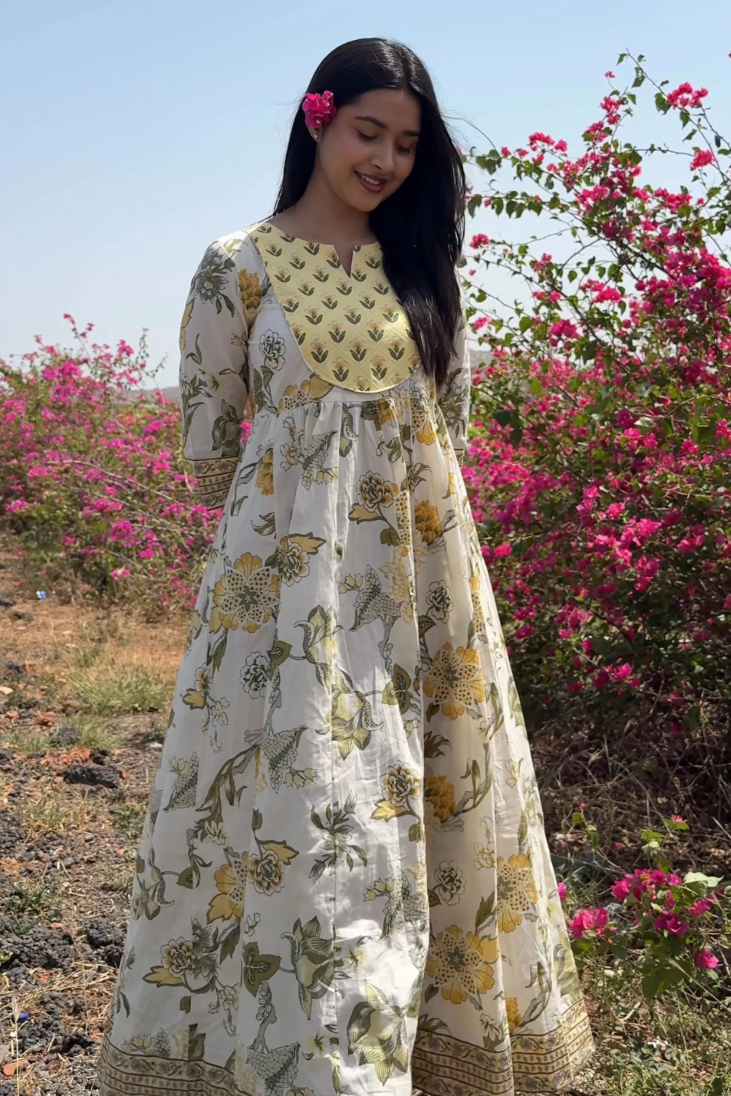 Yellow Hand Printed Anarkali Kurta