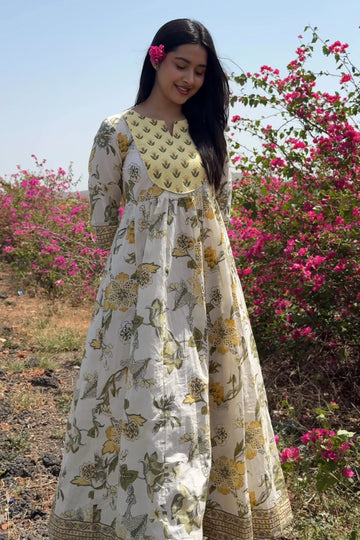 Yellow Hand Printed Anarkali Kurta