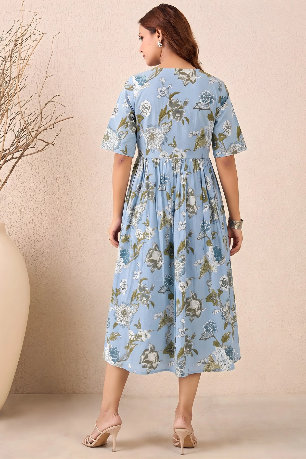 Blue Hand Printed V-Neck Midi Dress In Angrakha style